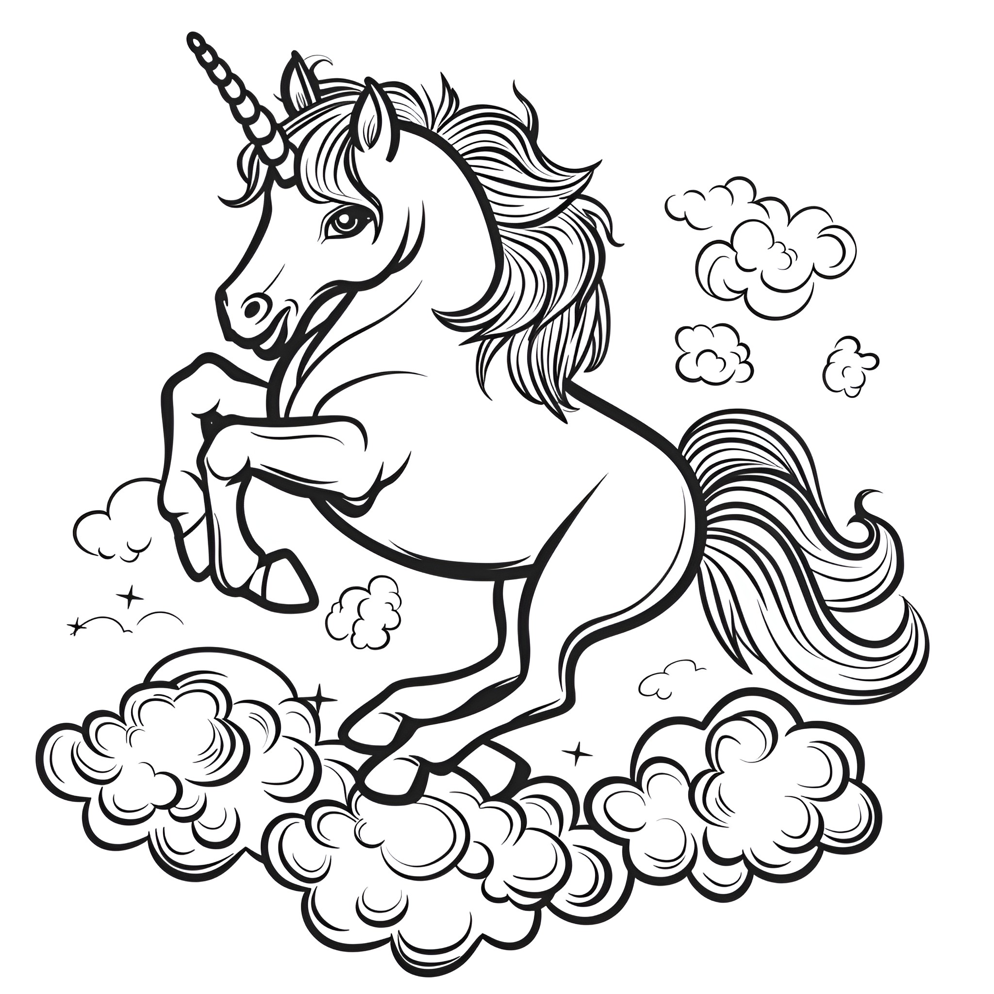 Unicorn in magical clouds Coloring Page (free black-and-white line drawing printable PDF for all, from beginners to advanced learners, including children, teens, adults, and seniors)
