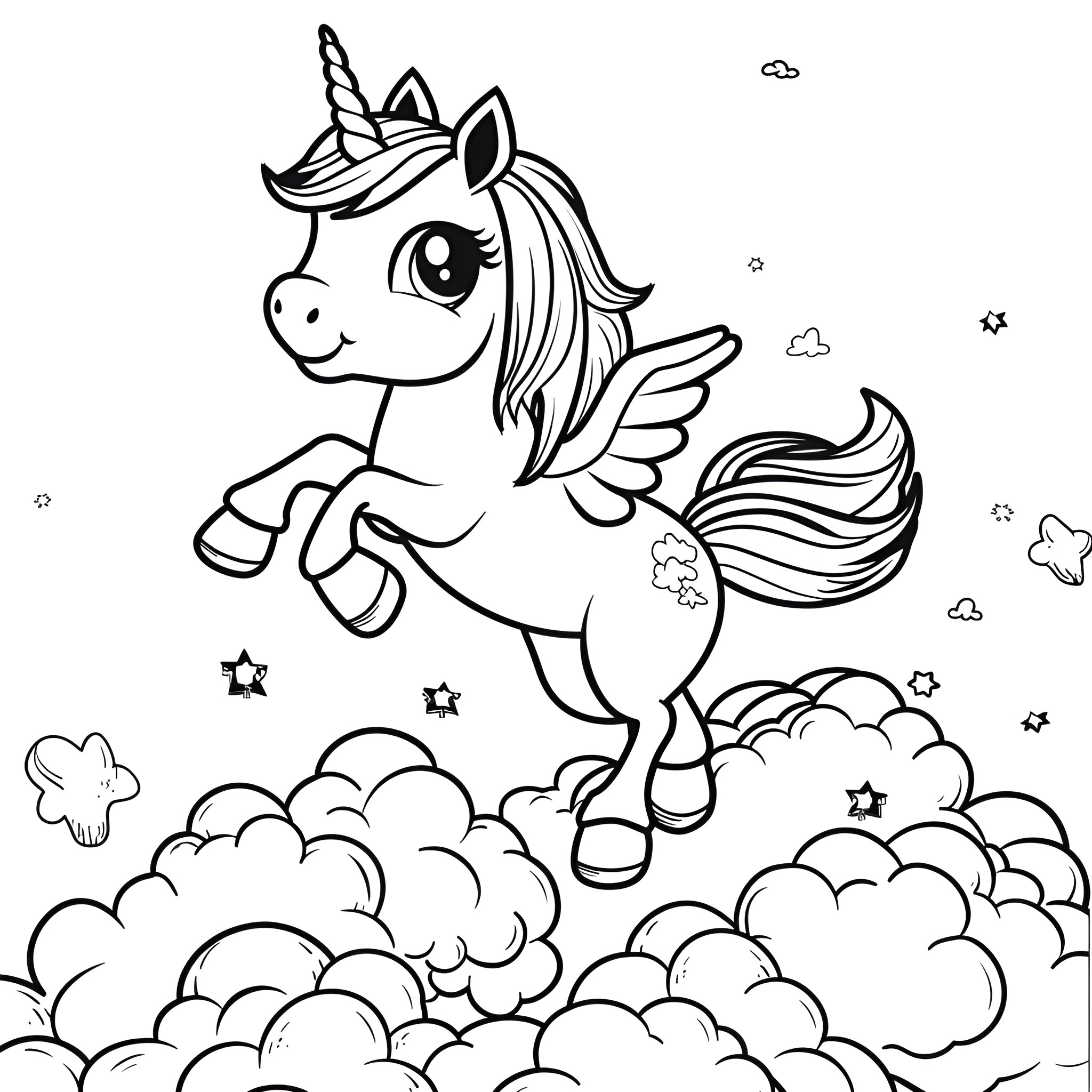 Unicorn galloping through the clouds Coloring Page (free black-and-white line drawing printable PDF for all, from beginners to advanced learners, including children, teens, adults, and seniors)