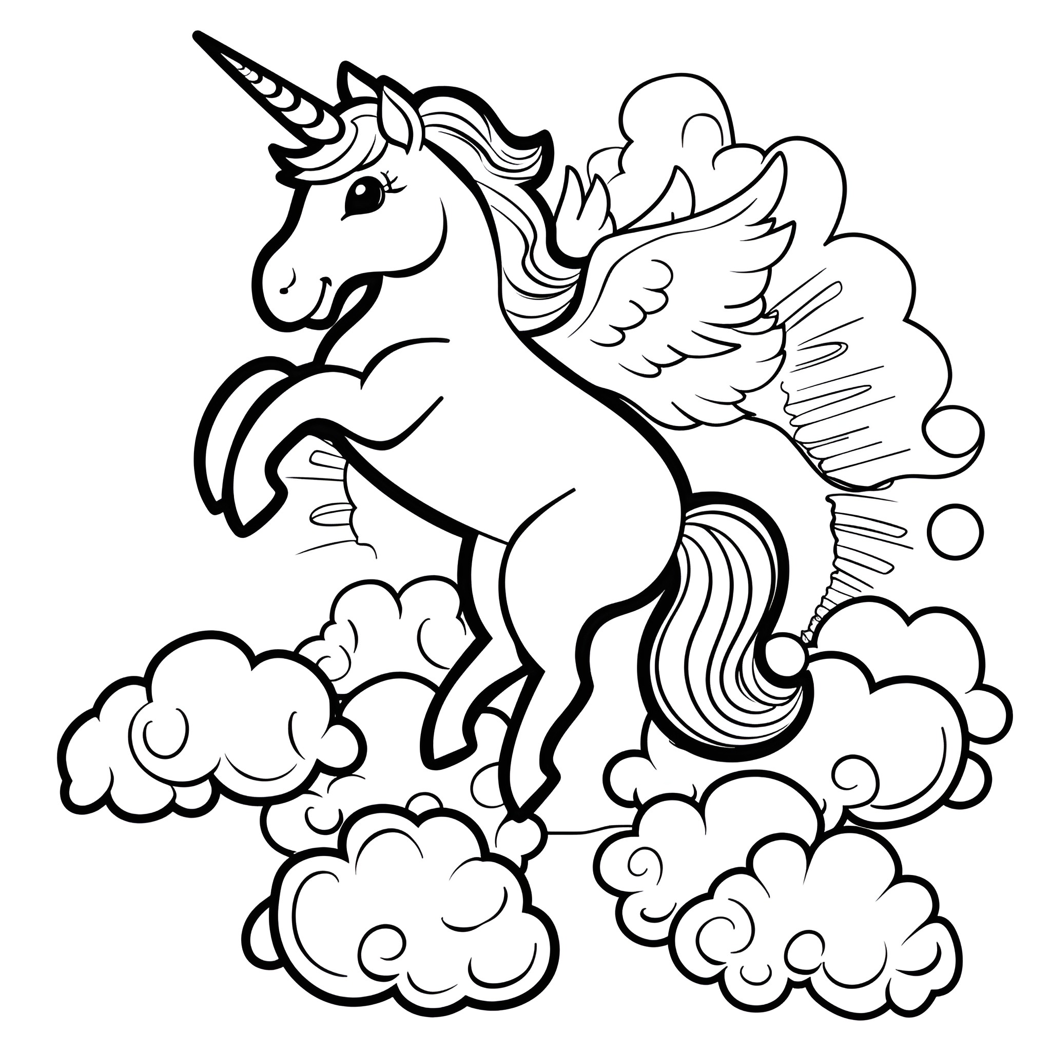 Unicorn flying through clouds Coloring Page (free black-and-white line drawing printable PDF for all, from beginners to advanced learners, including children, teens, adults, and seniors)