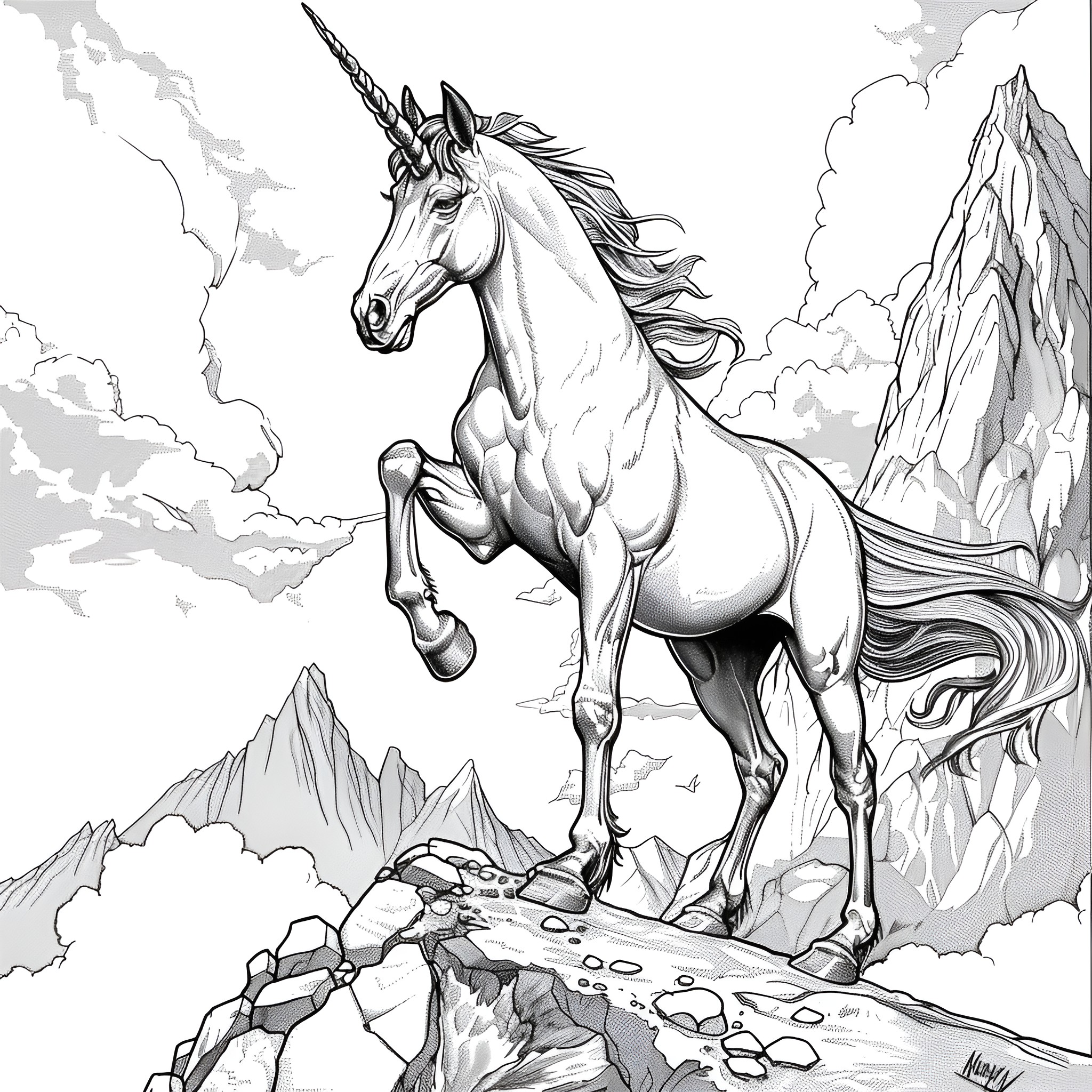 Unicorn galloping through mountainous landscape Coloring Page (free black-and-white line drawing printable PDF for all, from beginners to advanced learners, including children, teens, adults, and seniors)