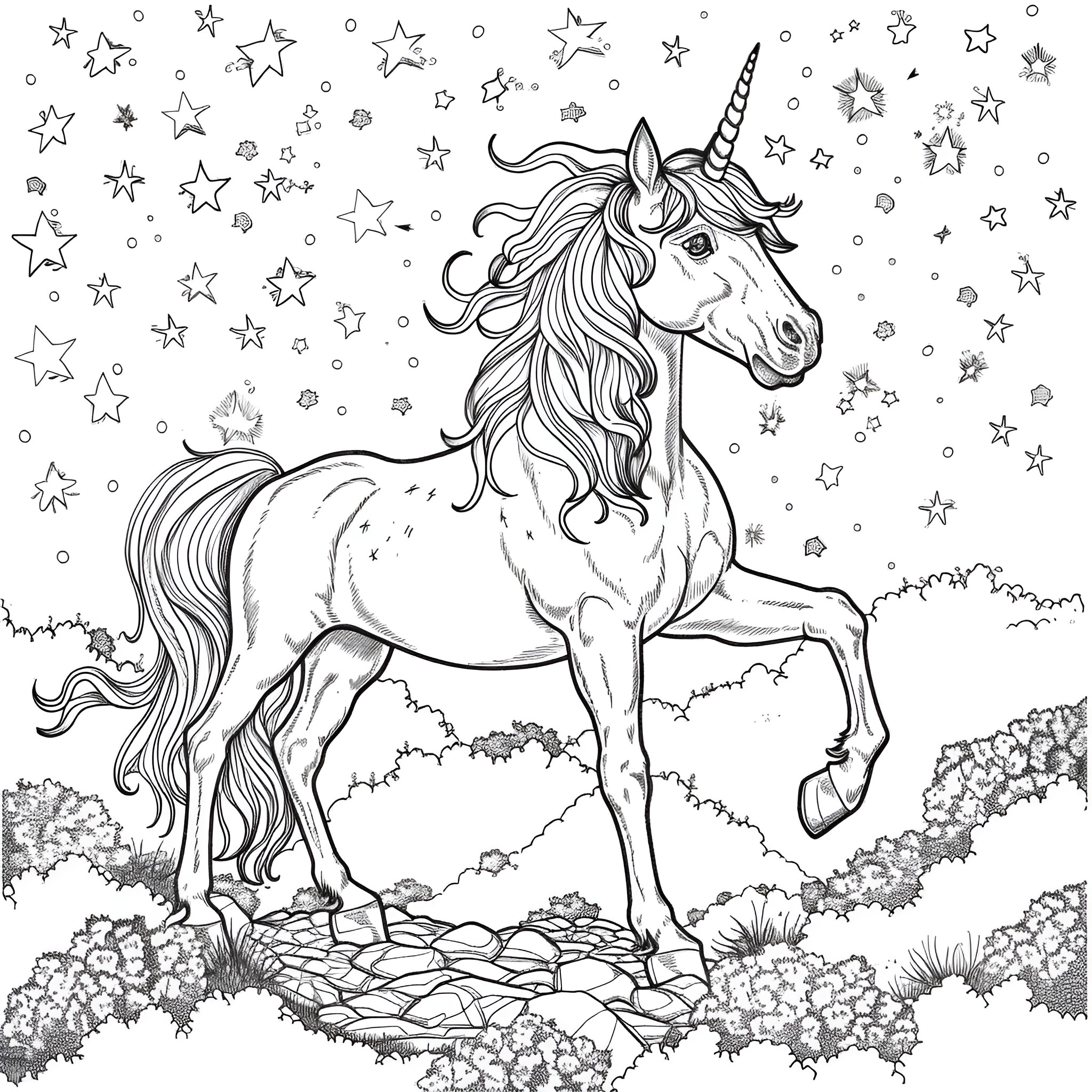 Unicorn prancing in a starry field Coloring Page (free black-and-white line drawing printable PDF for all, from beginners to advanced learners, including children, teens, adults, and seniors)