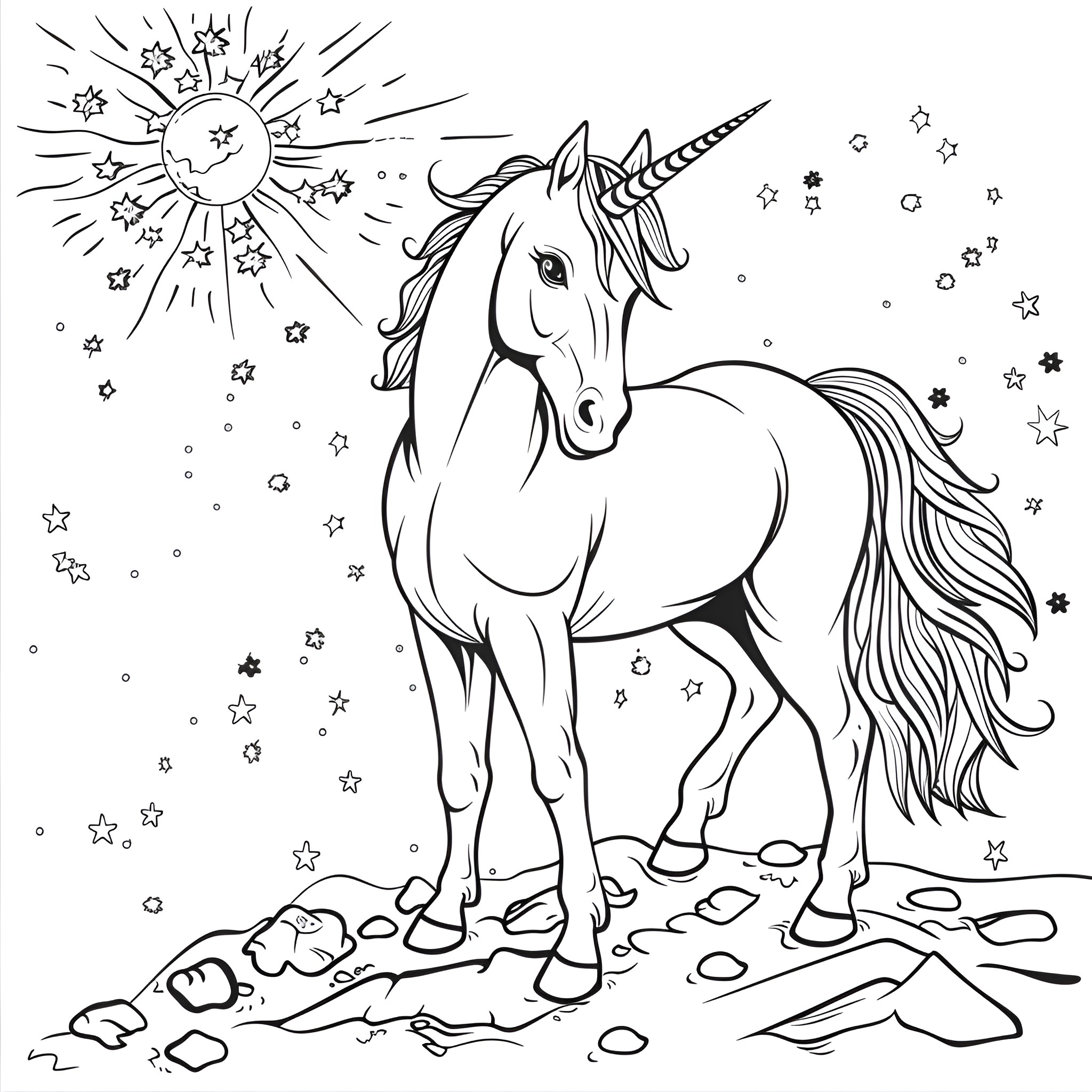 Unicorn standing in the magical starry night Coloring Page (free black-and-white line drawing printable PDF for all, from beginners to advanced learners, including children, teens, adults, and seniors)