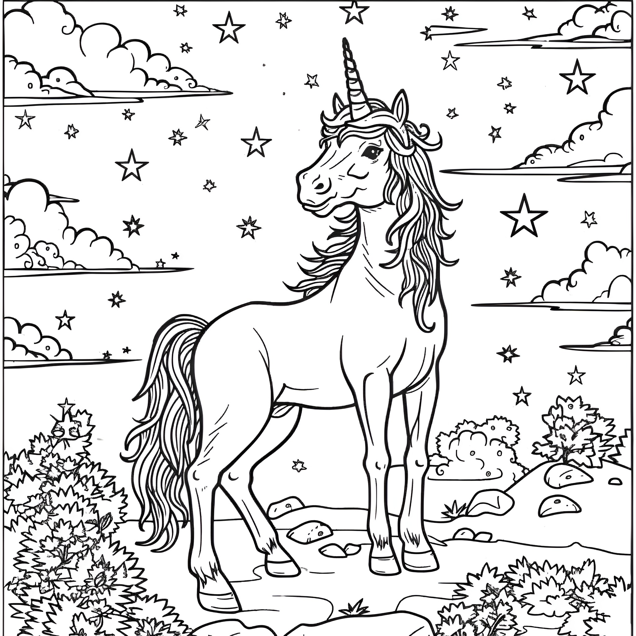 Unicorn standing amidst starry night sky Coloring Page (free black-and-white line drawing printable PDF for all, from beginners to advanced learners, including children, teens, adults, and seniors)