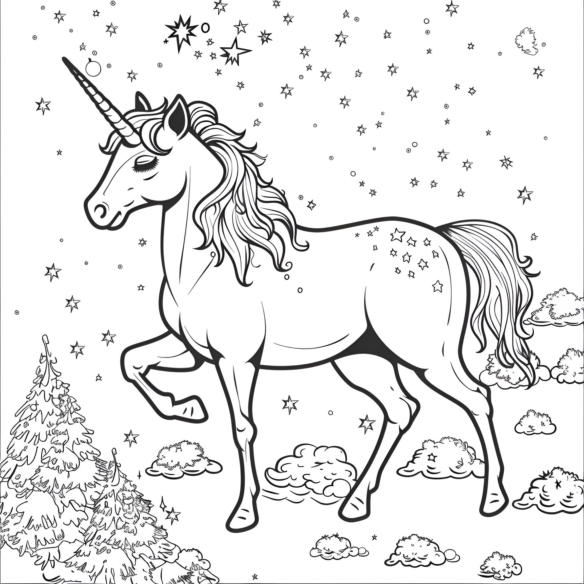 Unicorn galloping through starry night Coloring Page (free black-and-white line drawing printable PDF for all, from beginners to advanced learners, including children, teens, adults, and seniors)