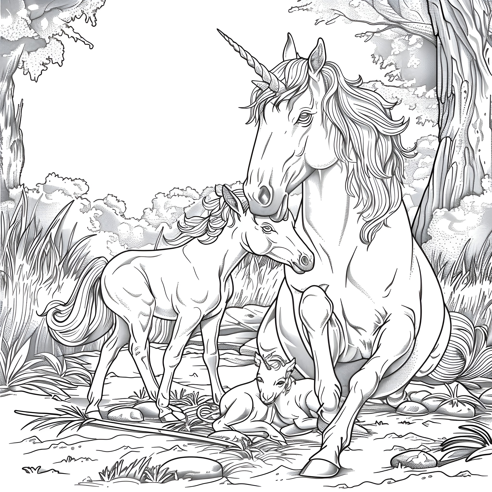 Unicorn family in enchanted forest Coloring Page (free black-and-white line drawing printable PDF for all, from beginners to advanced learners, including children, teens, adults, and seniors)