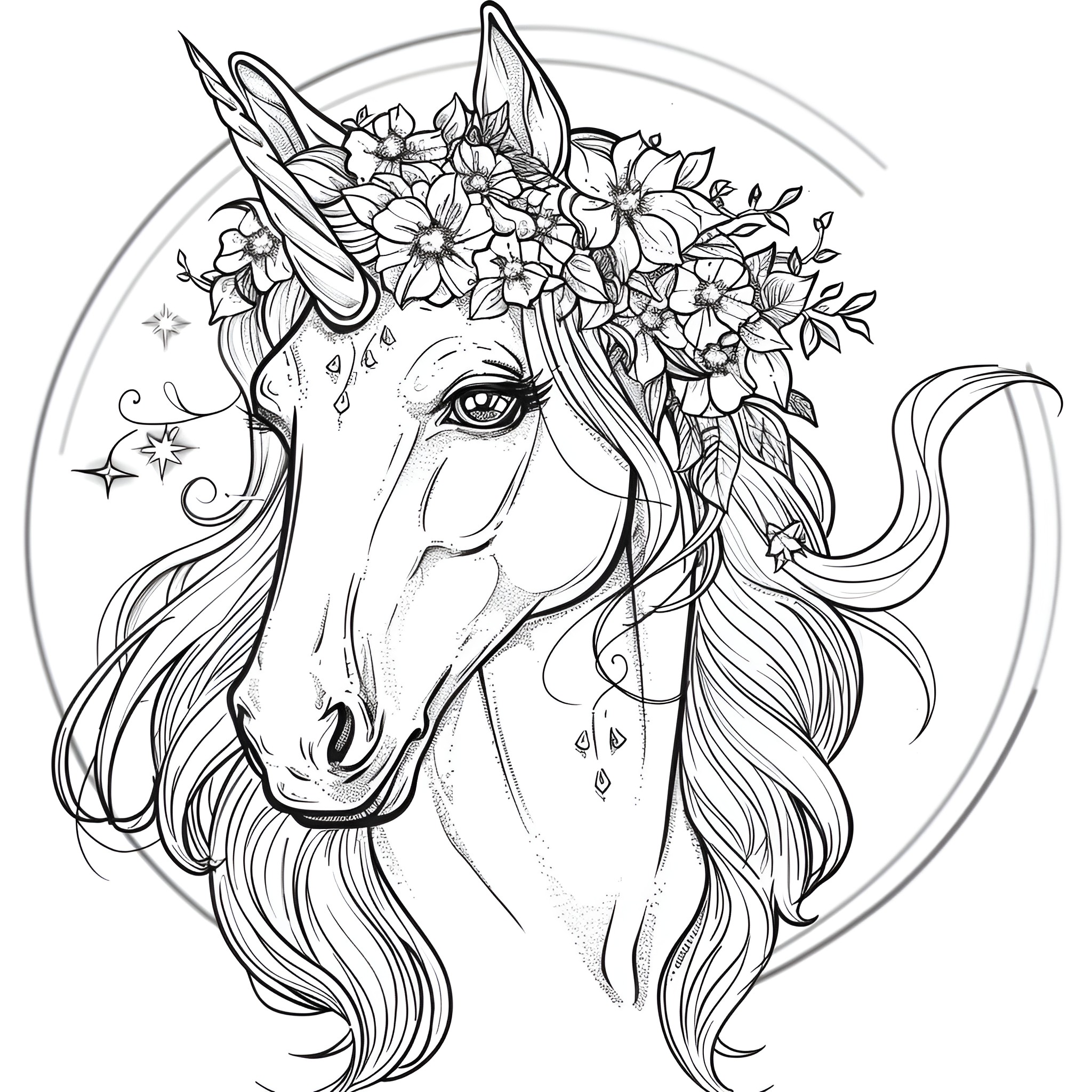 Unicorn with Floral Crown Coloring Page (free black-and-white line drawing printable PDF for all, from beginners to advanced learners, including children, teens, adults, and seniors)