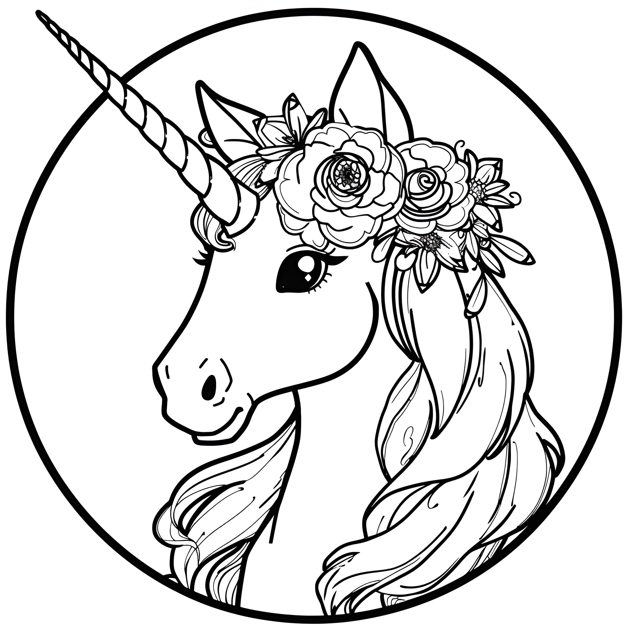 Unicorn with floral crown and silhouette Coloring Page (free black-and-white line drawing printable PDF for all, from beginners to advanced learners, including children, teens, adults, and seniors)
