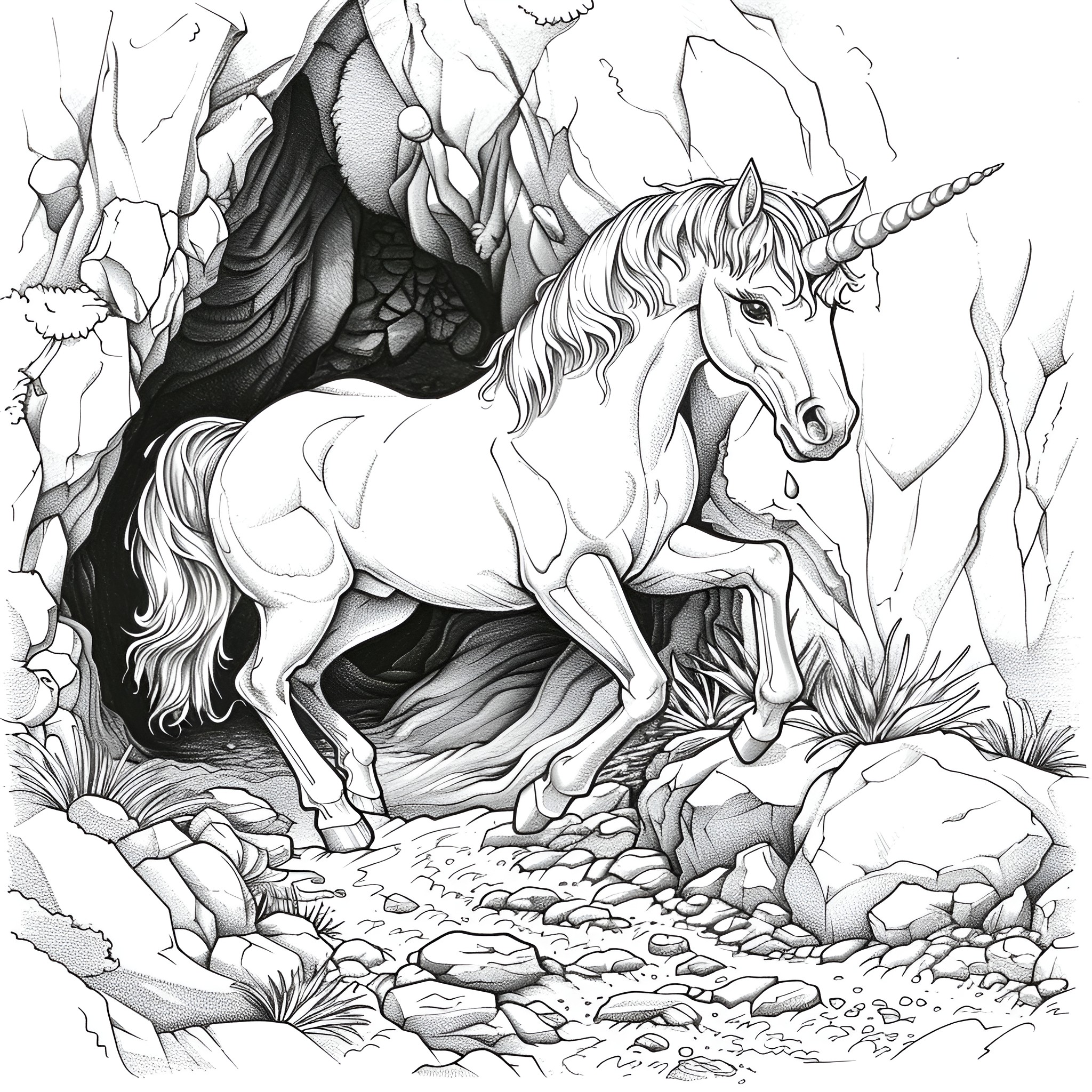 Unicorn galloping through mystical landscape Coloring Page (free black-and-white line drawing printable PDF for all, from beginners to advanced learners, including children, teens, adults, and seniors)
