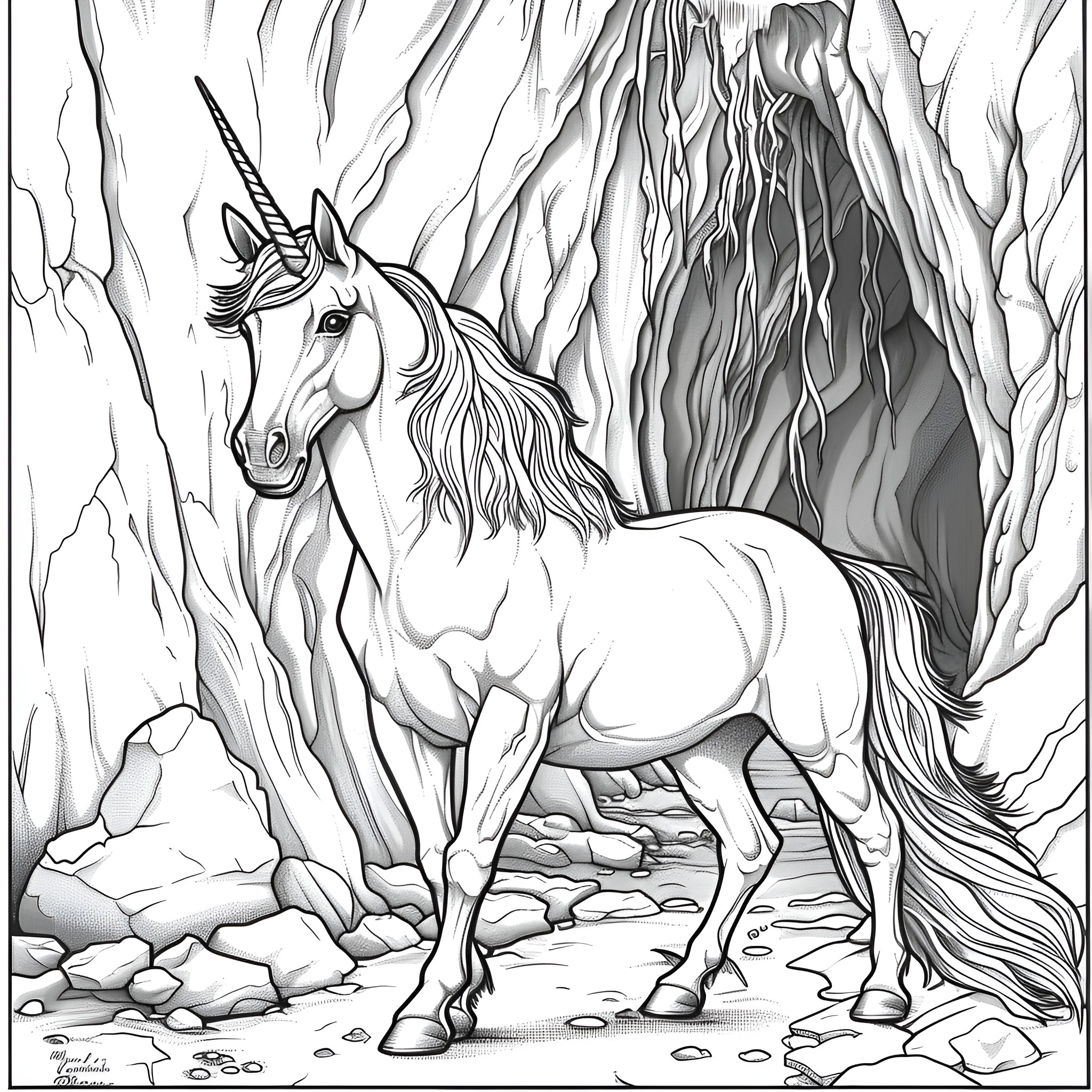 Unicorn in a Magical Mountain Landscape Coloring Page (free black-and-white line drawing printable PDF for all, from beginners to advanced learners, including children, teens, adults, and seniors)