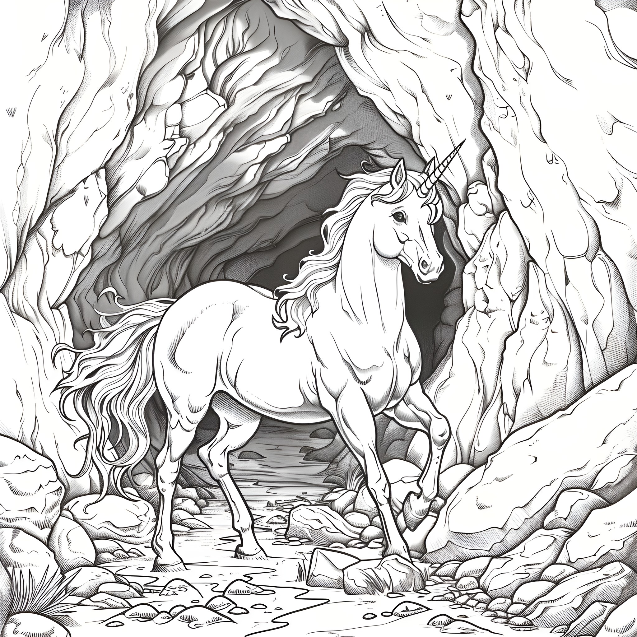 Unicorn Exploring Enchanted Cave Coloring Page (free black-and-white line drawing printable PDF for all, from beginners to advanced learners, including children, teens, adults, and seniors)