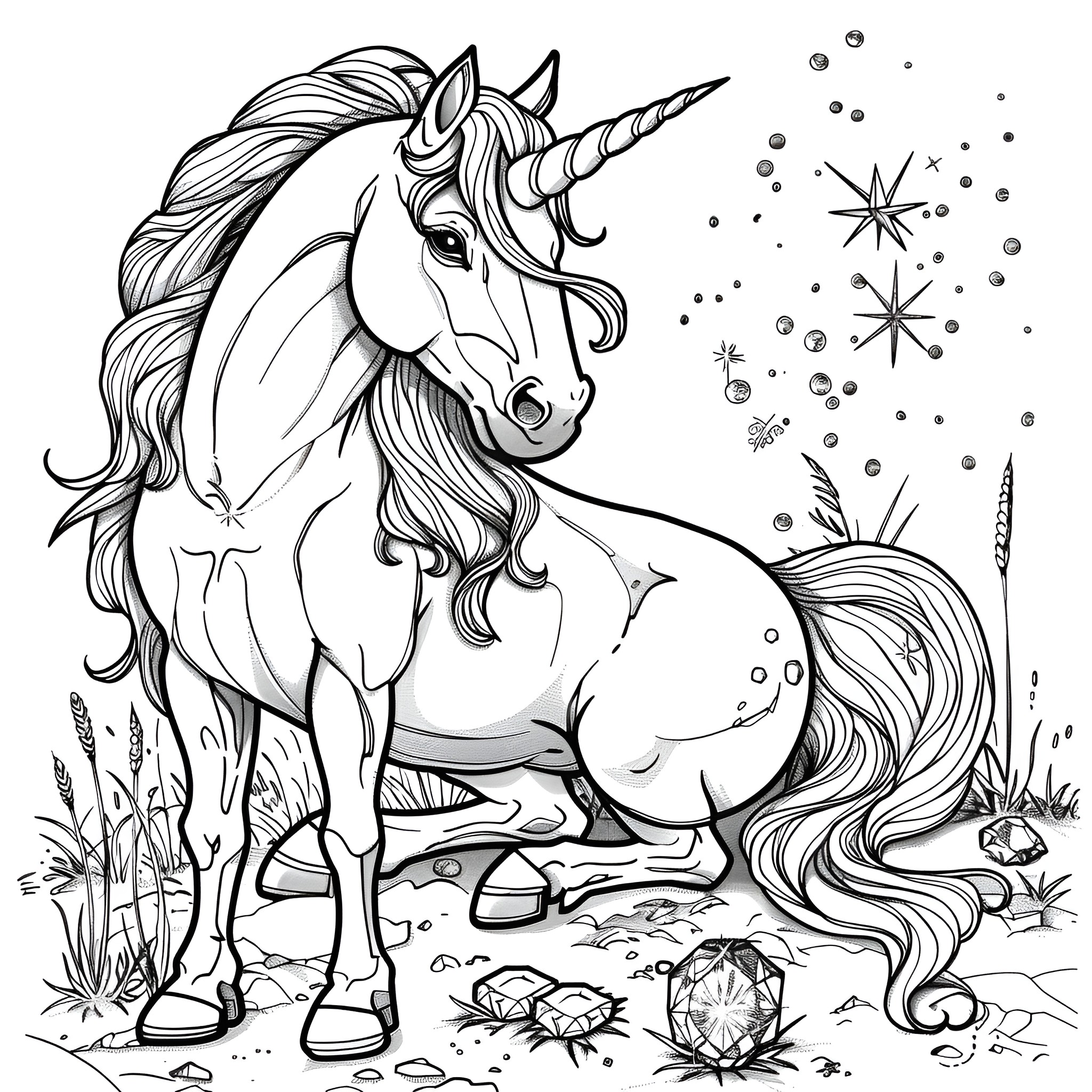 Unicorn resting in enchanted forest Coloring Page (free black-and-white line drawing printable PDF for all, from beginners to advanced learners, including children, teens, adults, and seniors)