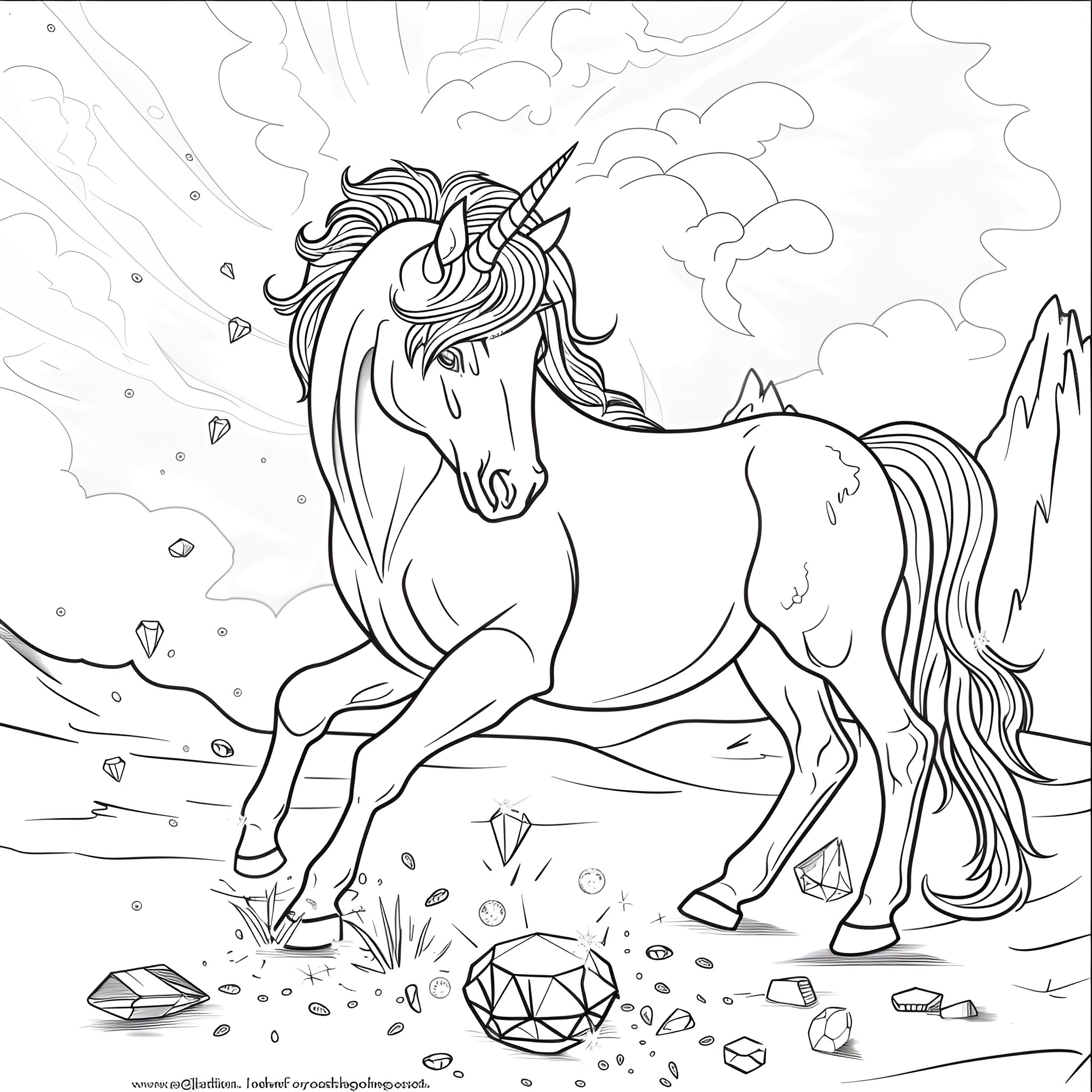 Unicorn prancing joyfully in a fantasy landscape Coloring Page (free black-and-white line drawing printable PDF for all, from beginners to advanced learners, including children, teens, adults, and seniors)