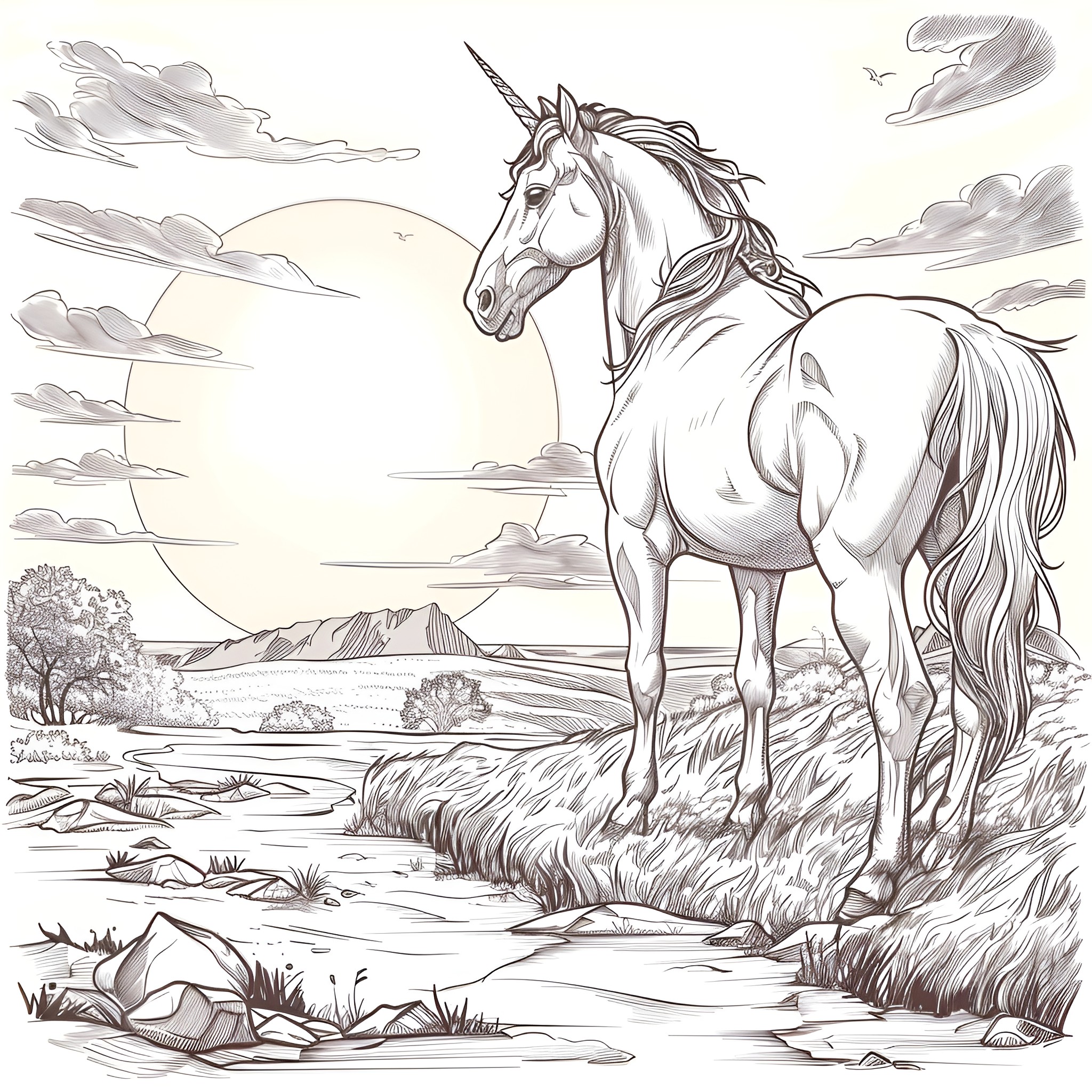Unicorn standing tall in a majestic landscape Coloring Page (free black-and-white line drawing printable PDF for all, from beginners to advanced learners, including children, teens, adults, and seniors)