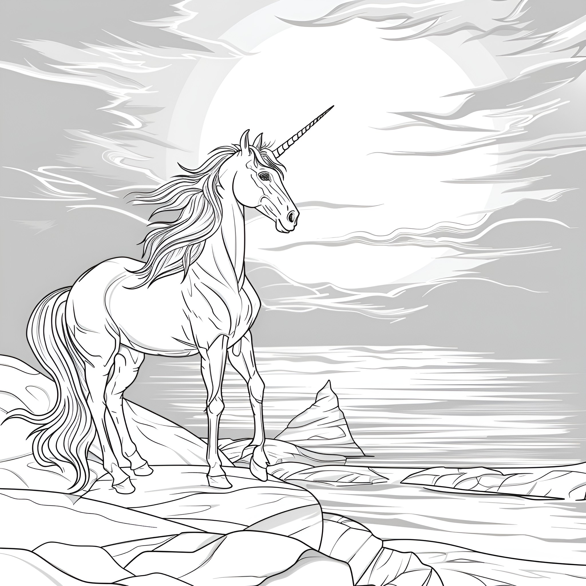 Unicorn standing tall on a cliff Coloring Page (free black-and-white line drawing printable PDF for all, from beginners to advanced learners, including children, teens, adults, and seniors)