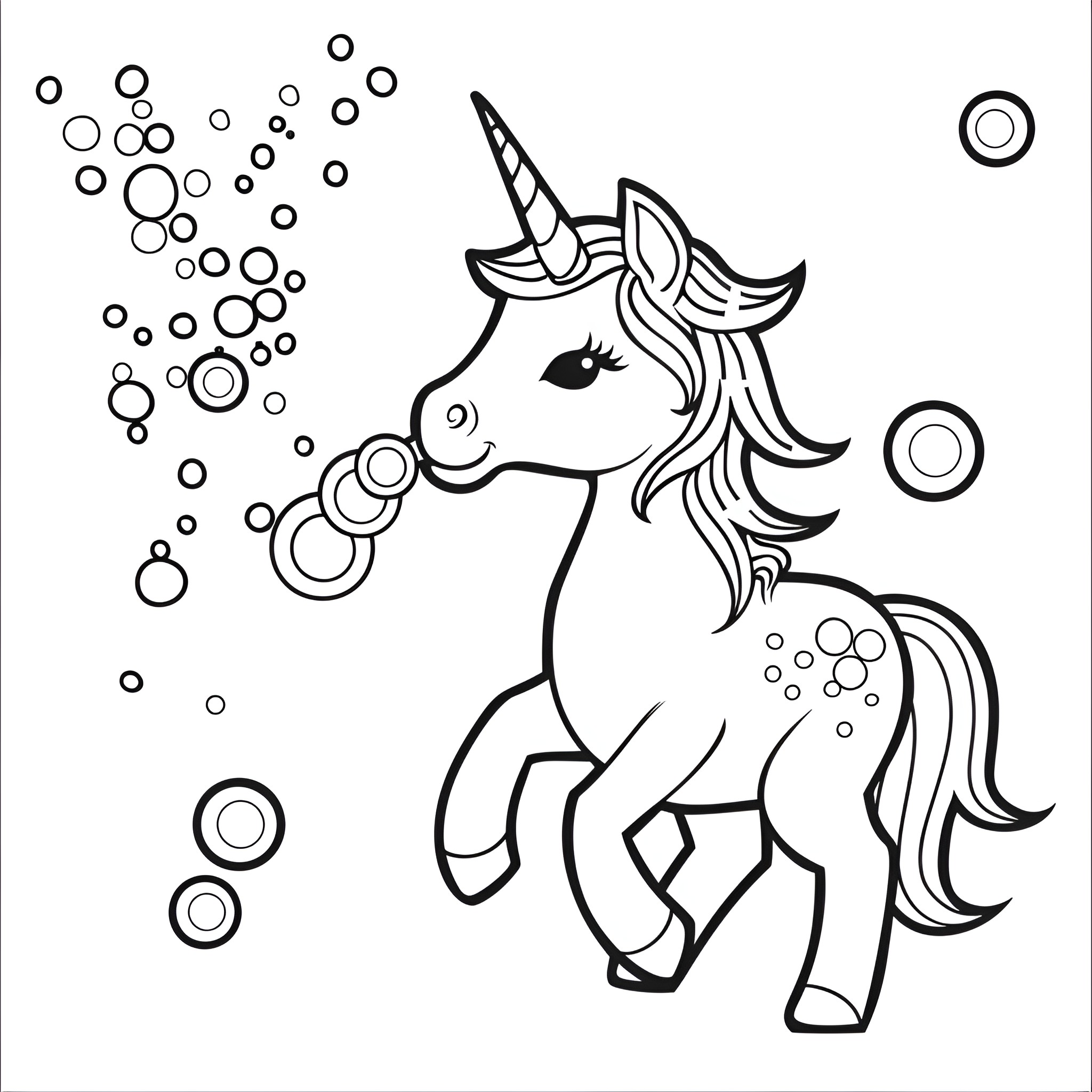 Unicorn frolicking in a whimsical scene Coloring Page (free black-and-white line drawing printable PDF for all, from beginners to advanced learners, including children, teens, adults, and seniors)