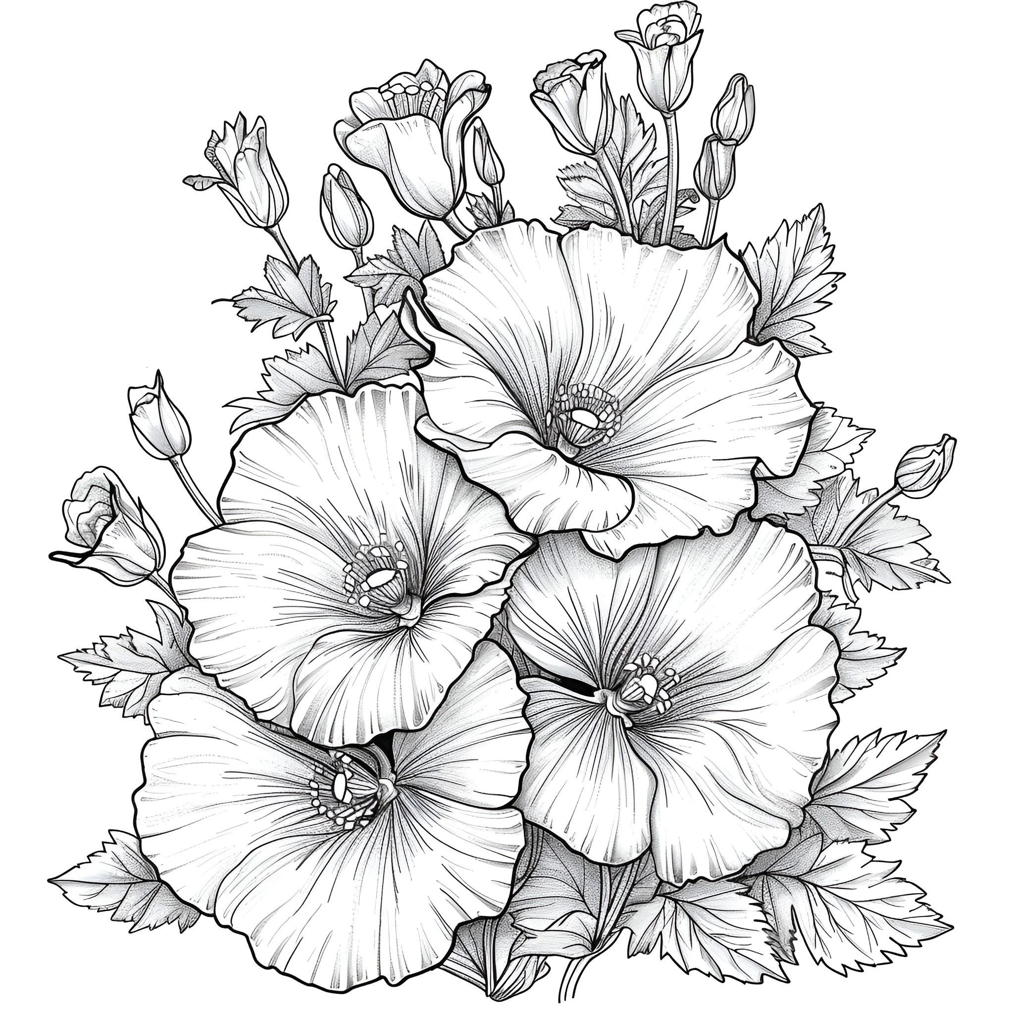 Flowers in full bloom Coloring Page (free black-and-white line drawing printable PDF for all, from beginners to advanced learners, including children, teens, adults, and seniors)