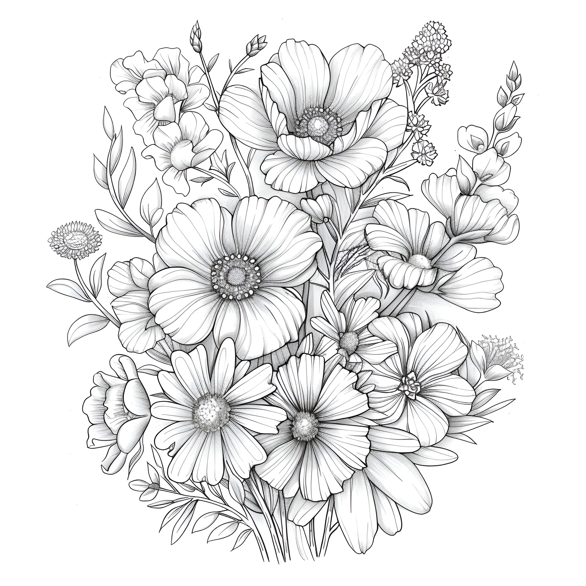 Flowers in Bouquet Arrangement Coloring Page (free black-and-white line drawing printable PDF for all, from beginners to advanced learners, including children, teens, adults, and seniors)
