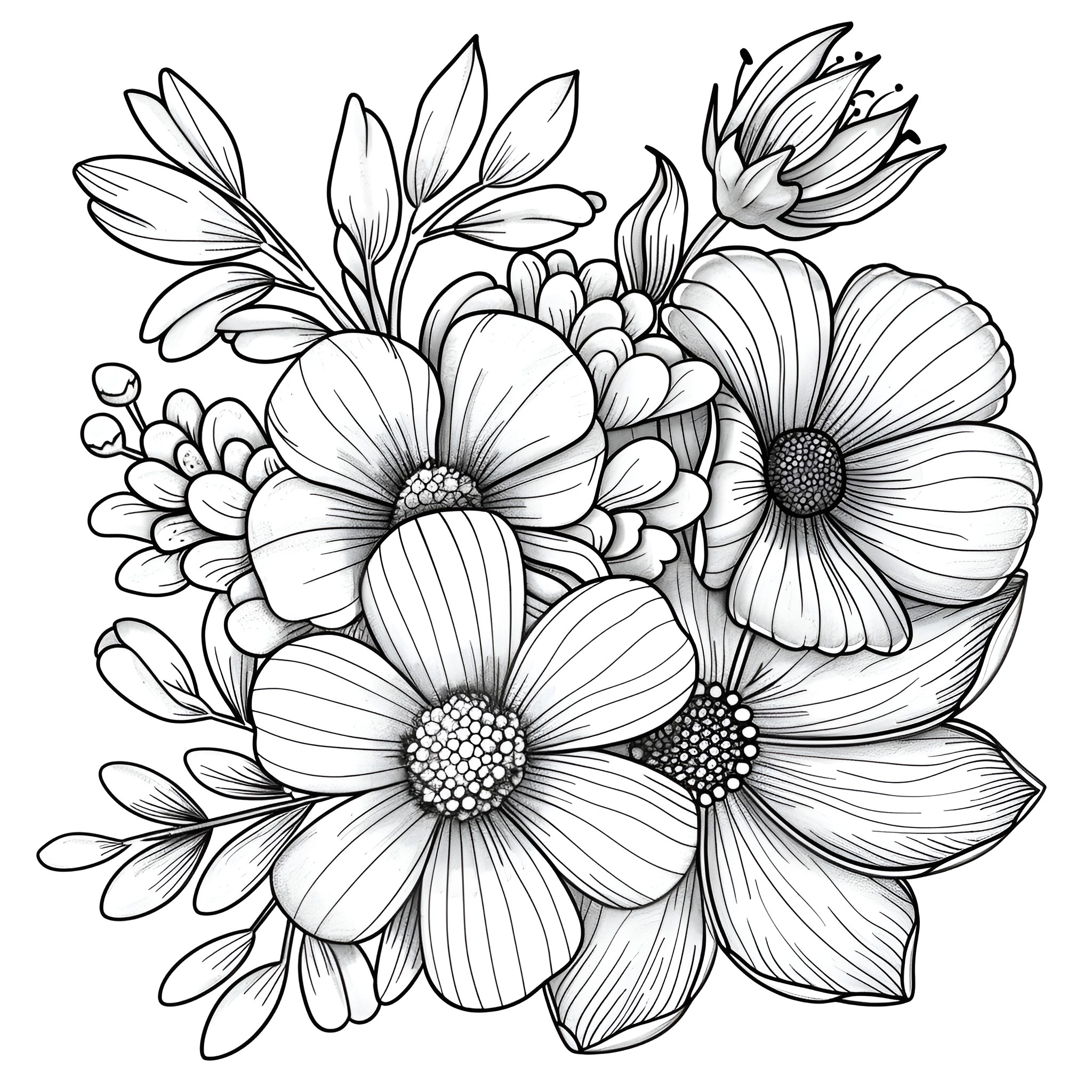 Flowers in bloom artistic arrangement Coloring Page (free black-and-white line drawing printable PDF for all, from beginners to advanced learners, including children, teens, adults, and seniors)
