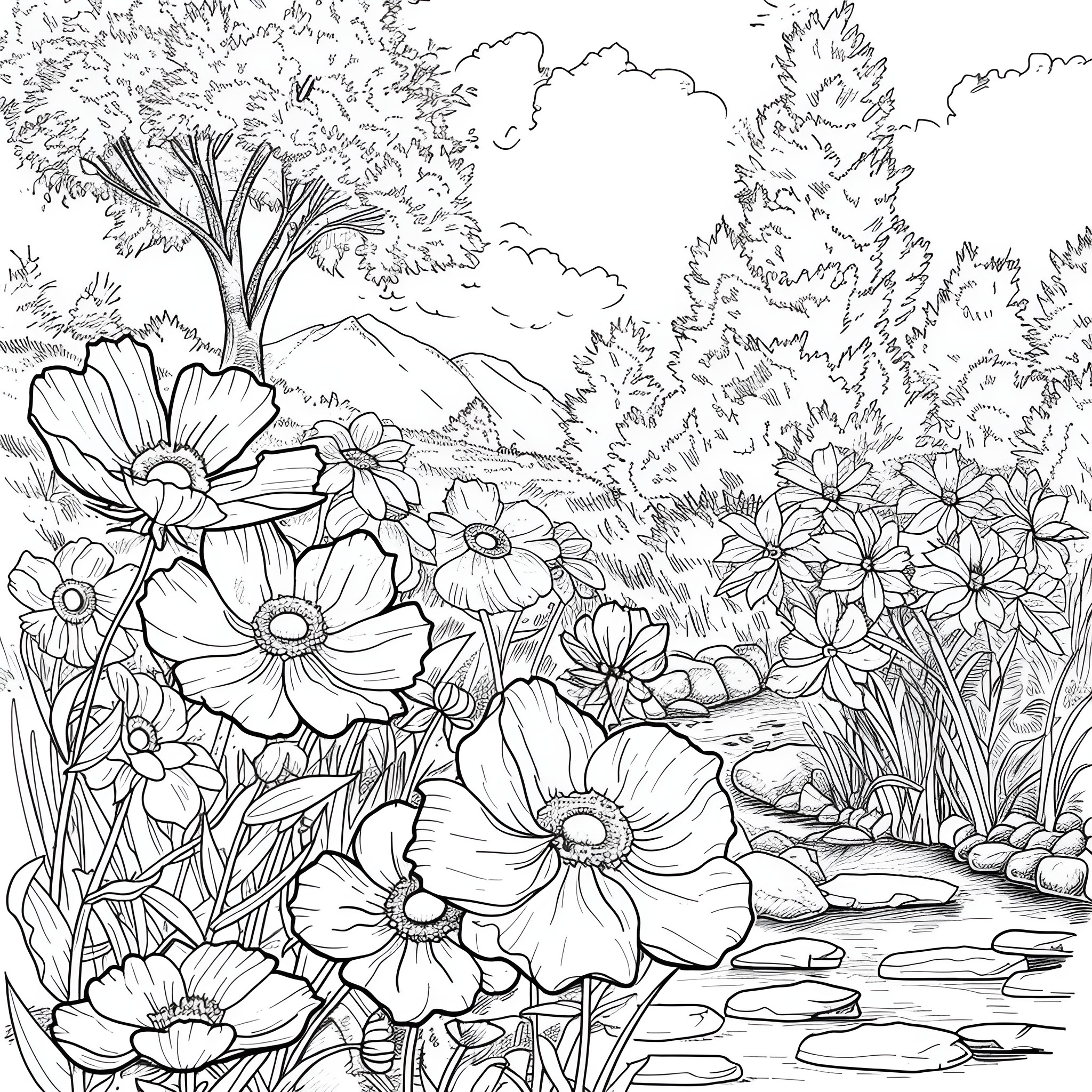 Flowers blooming in a peaceful garden Coloring Page (free black-and-white line drawing printable PDF for all, from beginners to advanced learners, including children, teens, adults, and seniors)
