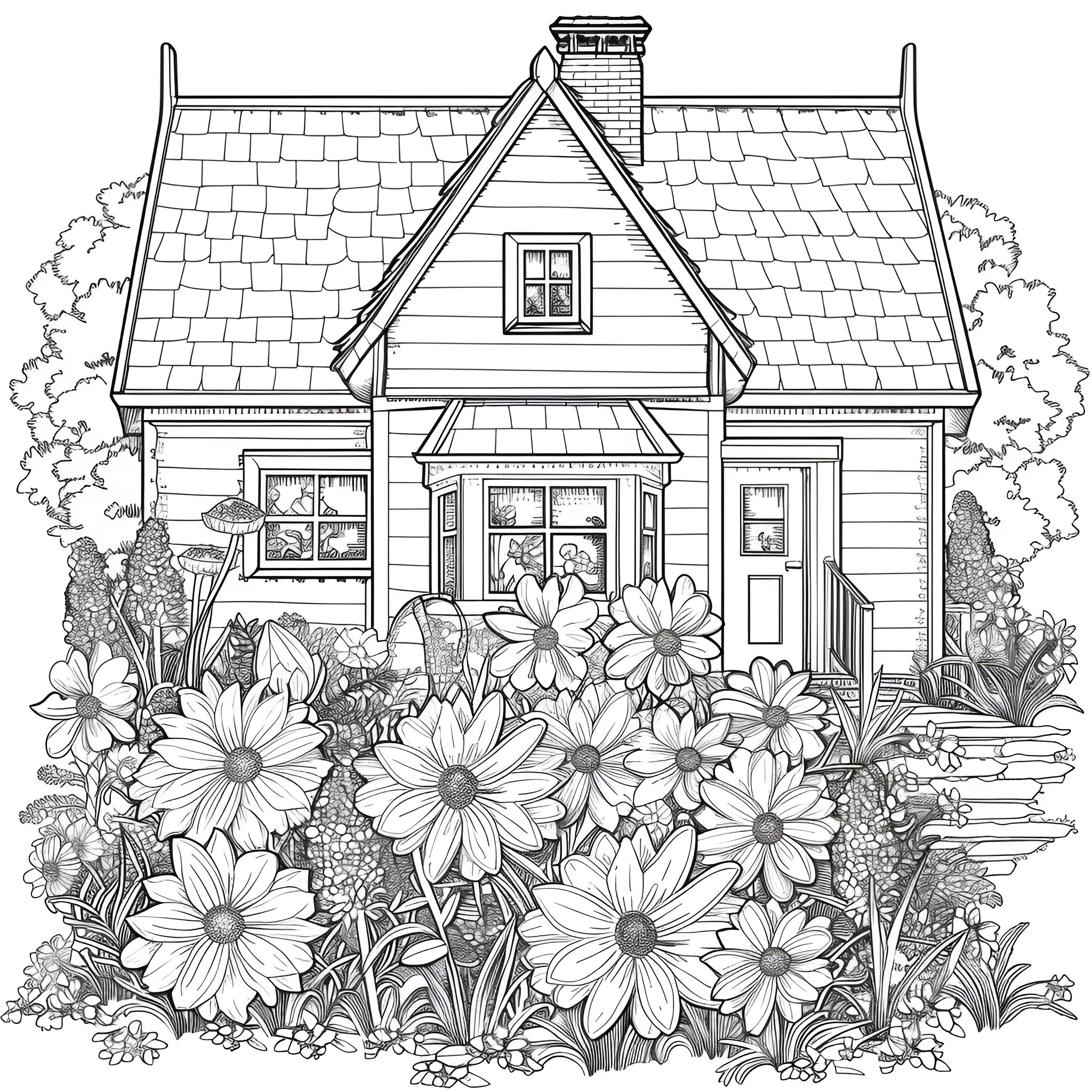 Flowers blooming around cozy cottage Coloring Page (free black-and-white line drawing printable PDF for all, from beginners to advanced learners, including children, teens, adults, and seniors)