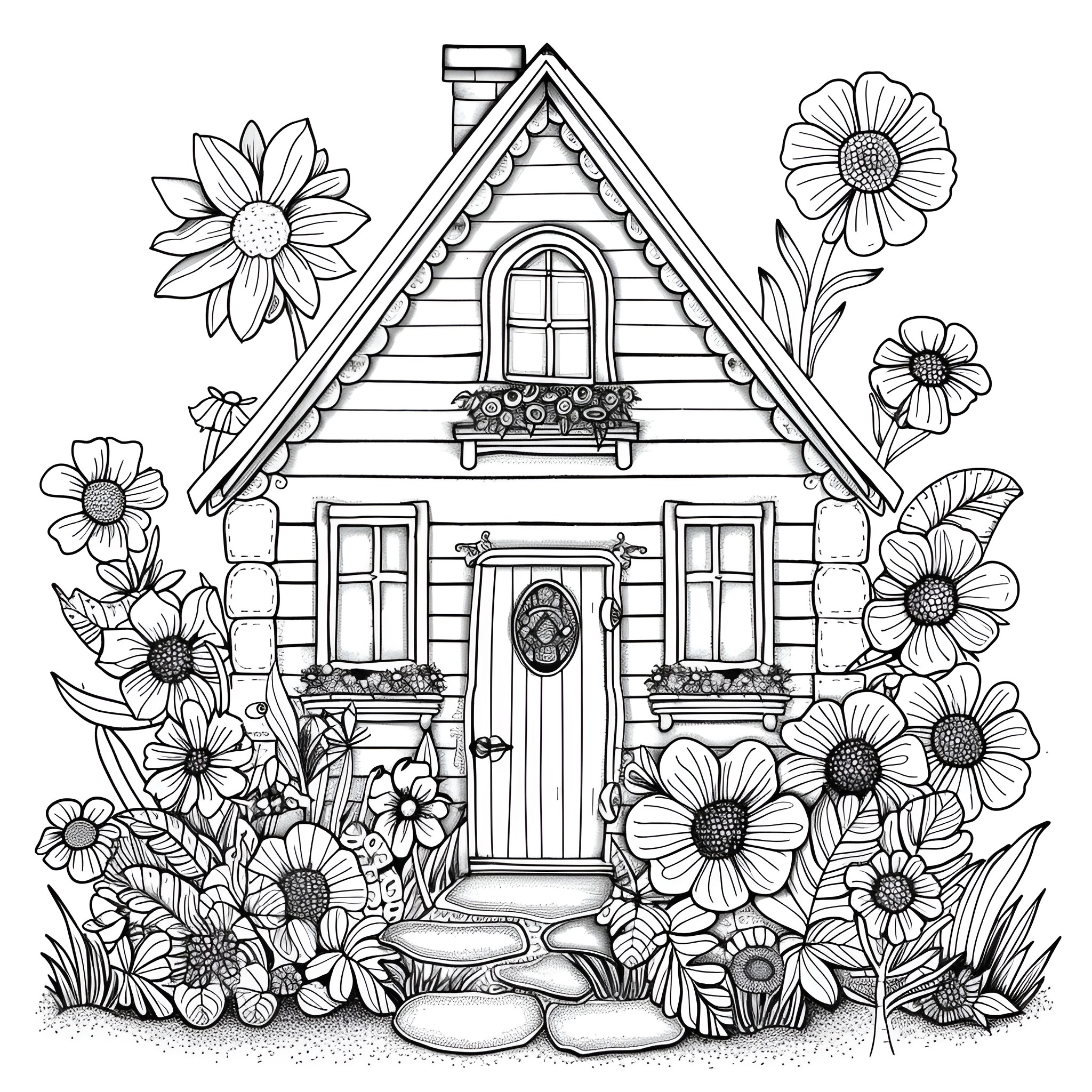 Flowers adorning the quaint cottage Coloring Page (free black-and-white line drawing printable PDF for all, from beginners to advanced learners, including children, teens, adults, and seniors)