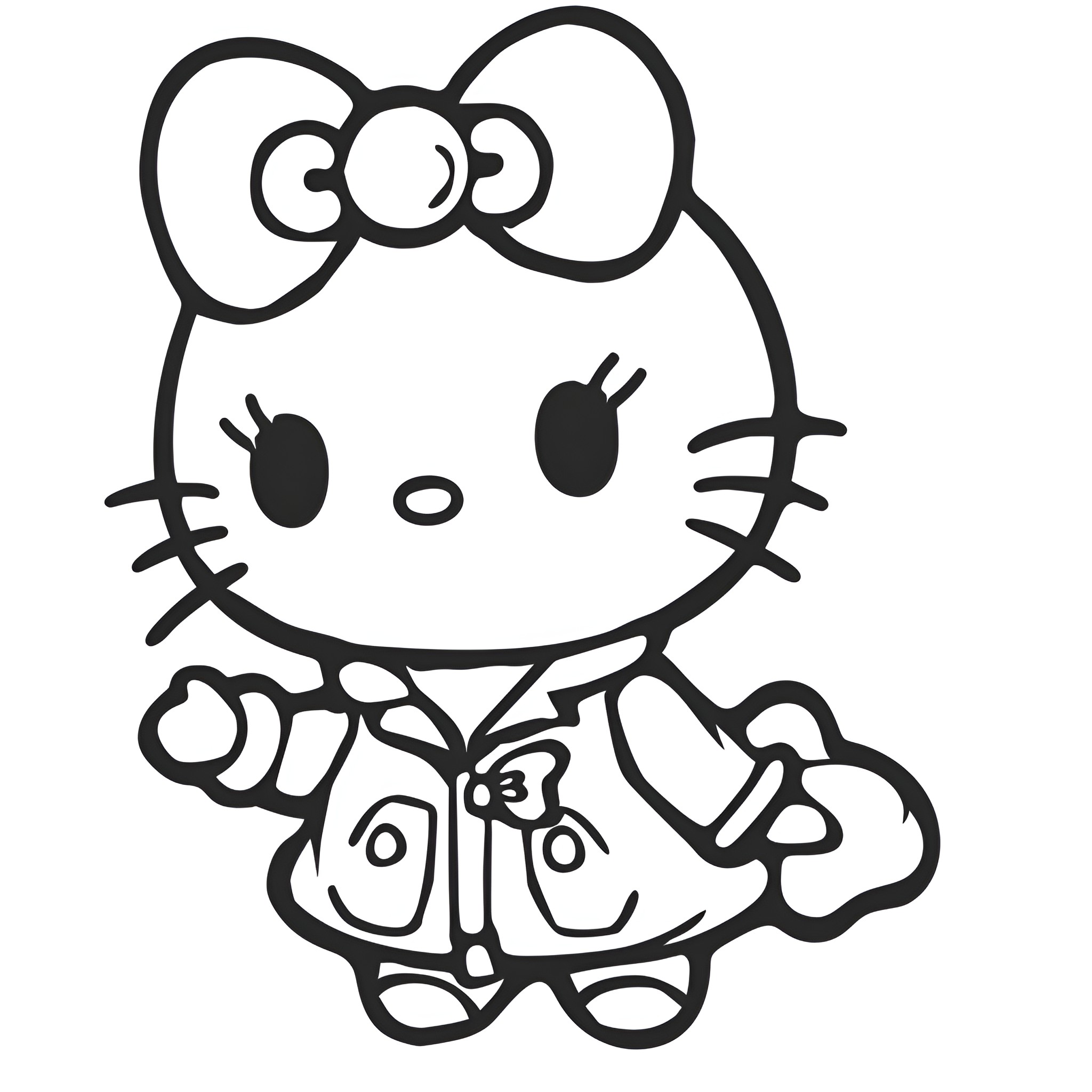 Hello Kitty waving happily Coloring Page (free black-and-white line drawing printable PDF for all, from beginners to advanced learners, including children, teens, adults, and seniors)