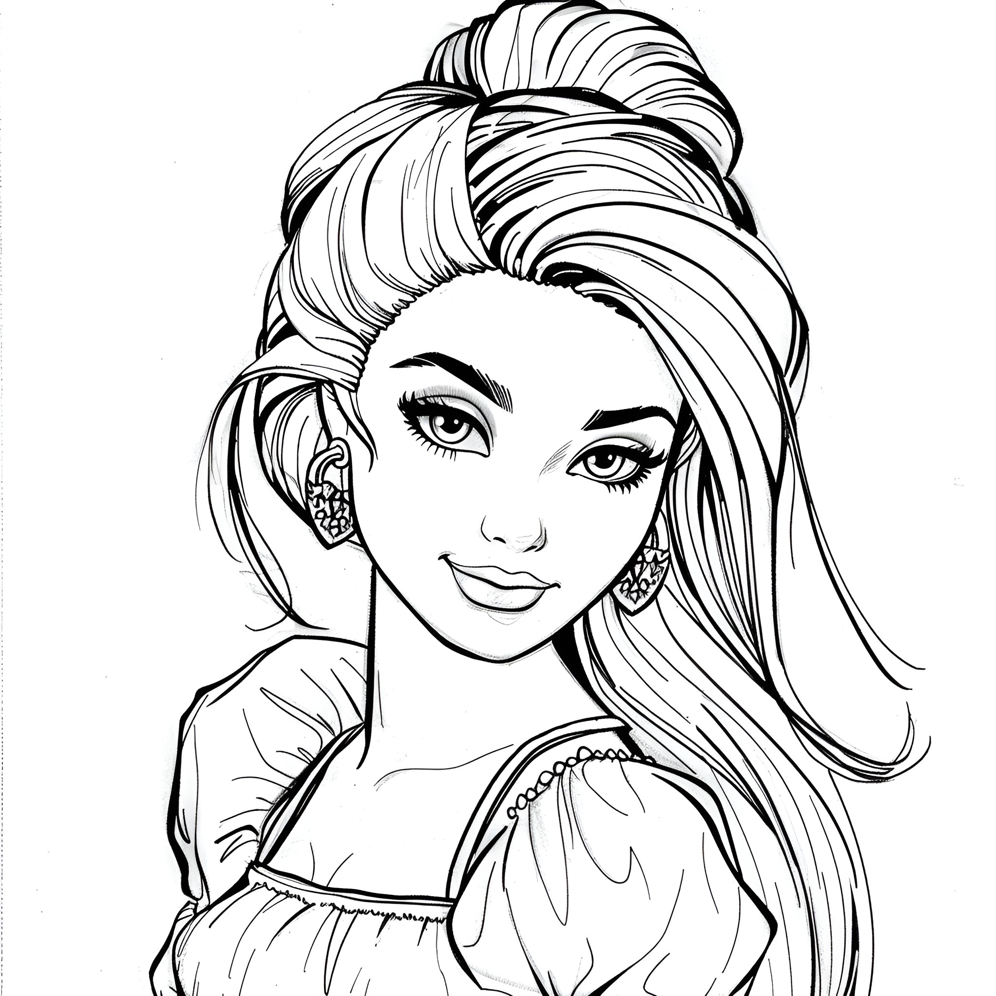 Barbie wearing elegant dress and hairstyle Coloring Page (free black-and-white line drawing printable PDF for all, from beginners to advanced learners, including children, teens, adults, and seniors)