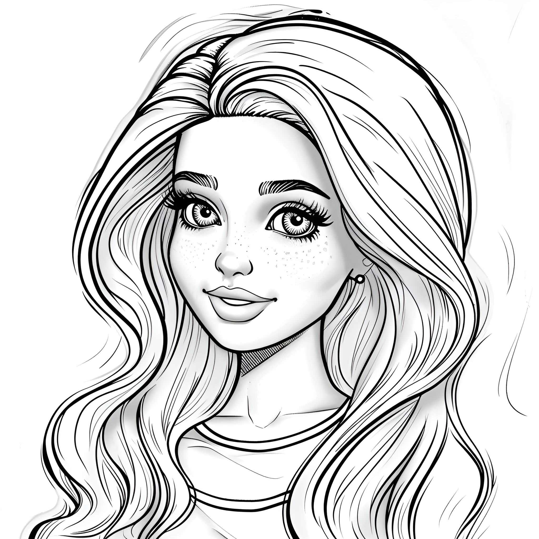 Barbie with flowing hair and bright eyes Coloring Page (free black-and-white line drawing printable PDF for all, from beginners to advanced learners, including children, teens, adults, and seniors)