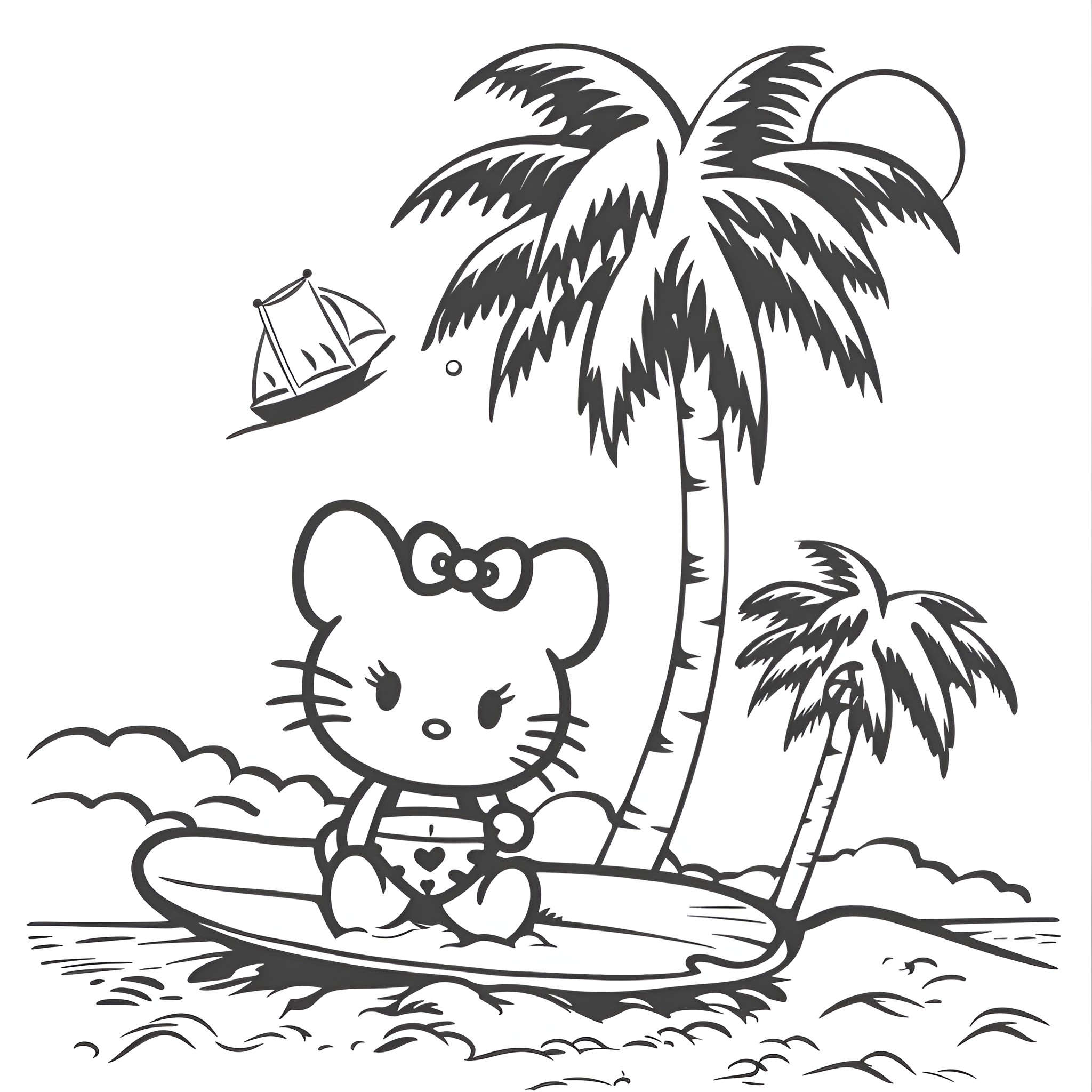 Hello Kitty relaxing on a tropical beach Coloring Page (free black-and-white line drawing printable PDF for all, from beginners to advanced learners, including children, teens, adults, and seniors)