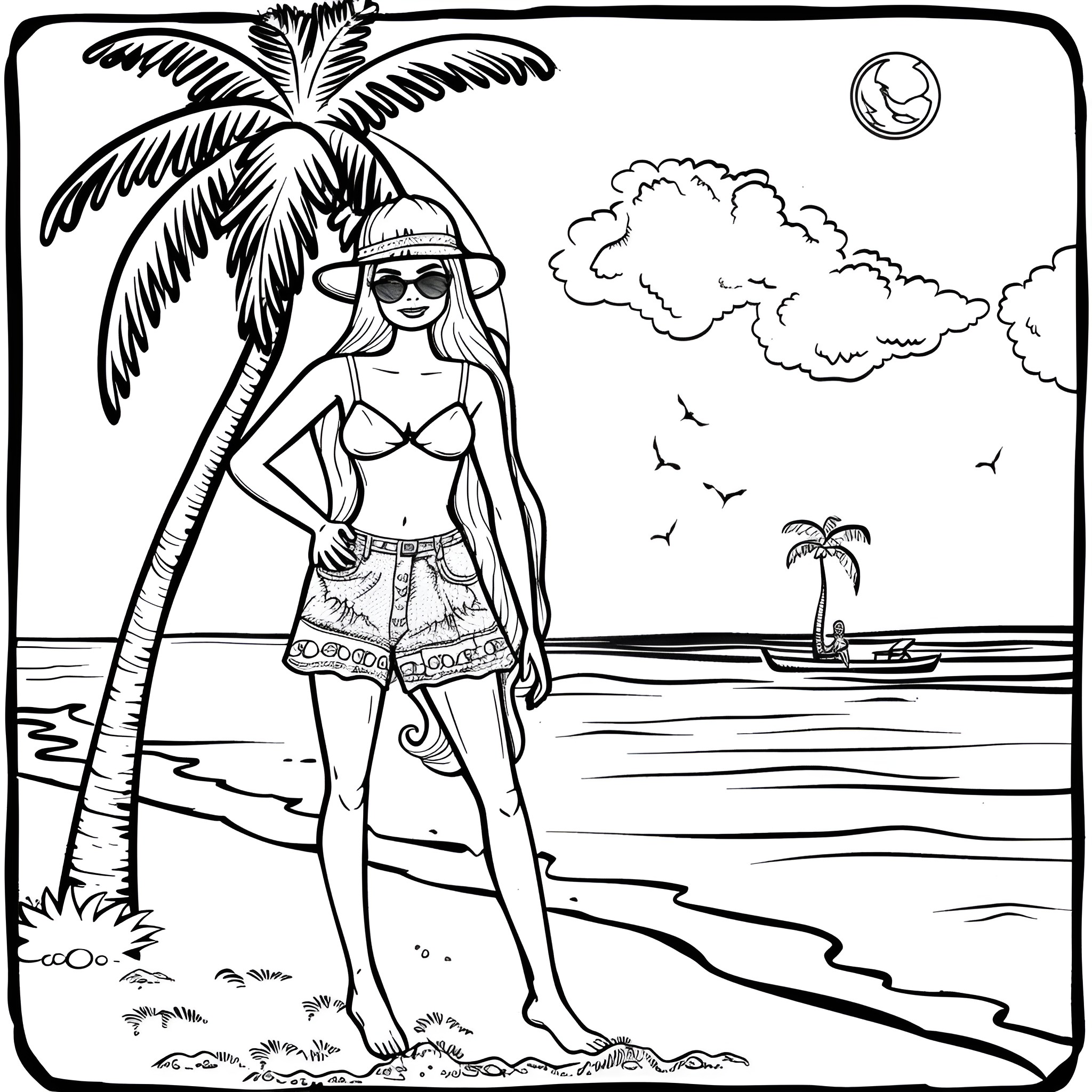 Barbie enjoying a sunny beach vacation Coloring Page (free black-and-white line drawing printable PDF for all, from beginners to advanced learners, including children, teens, adults, and seniors)