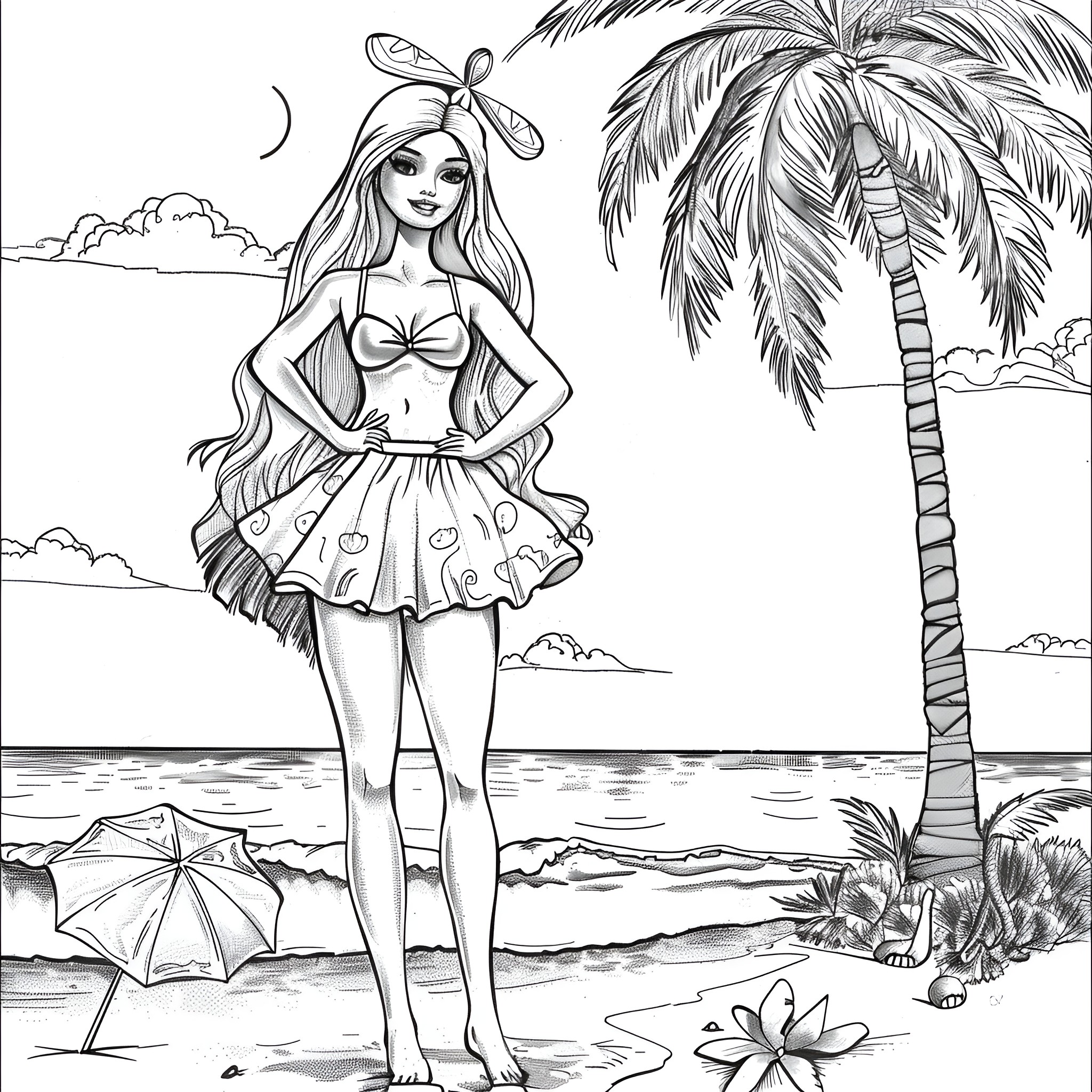 Barbie enjoying tropical beachside vacation Coloring Page (free black-and-white line drawing printable PDF for all, from beginners to advanced learners, including children, teens, adults, and seniors)