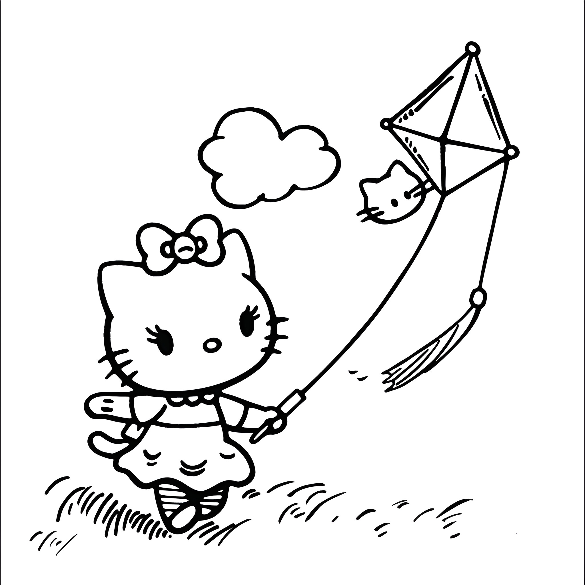 Hello Kitty flying a kite outdoors Coloring Page (free black-and-white line drawing printable PDF for all, from beginners to advanced learners, including children, teens, adults, and seniors)
