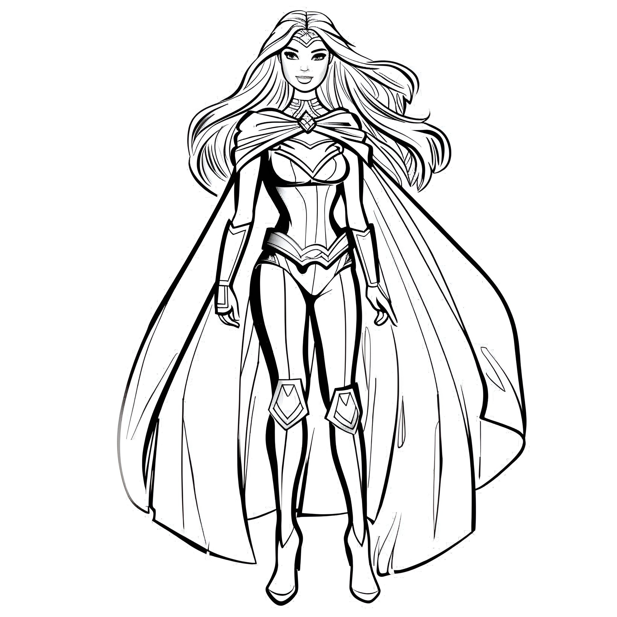 Barbie in heroic superhero pose Coloring Page (free black-and-white line drawing printable PDF for all, from beginners to advanced learners, including children, teens, adults, and seniors)