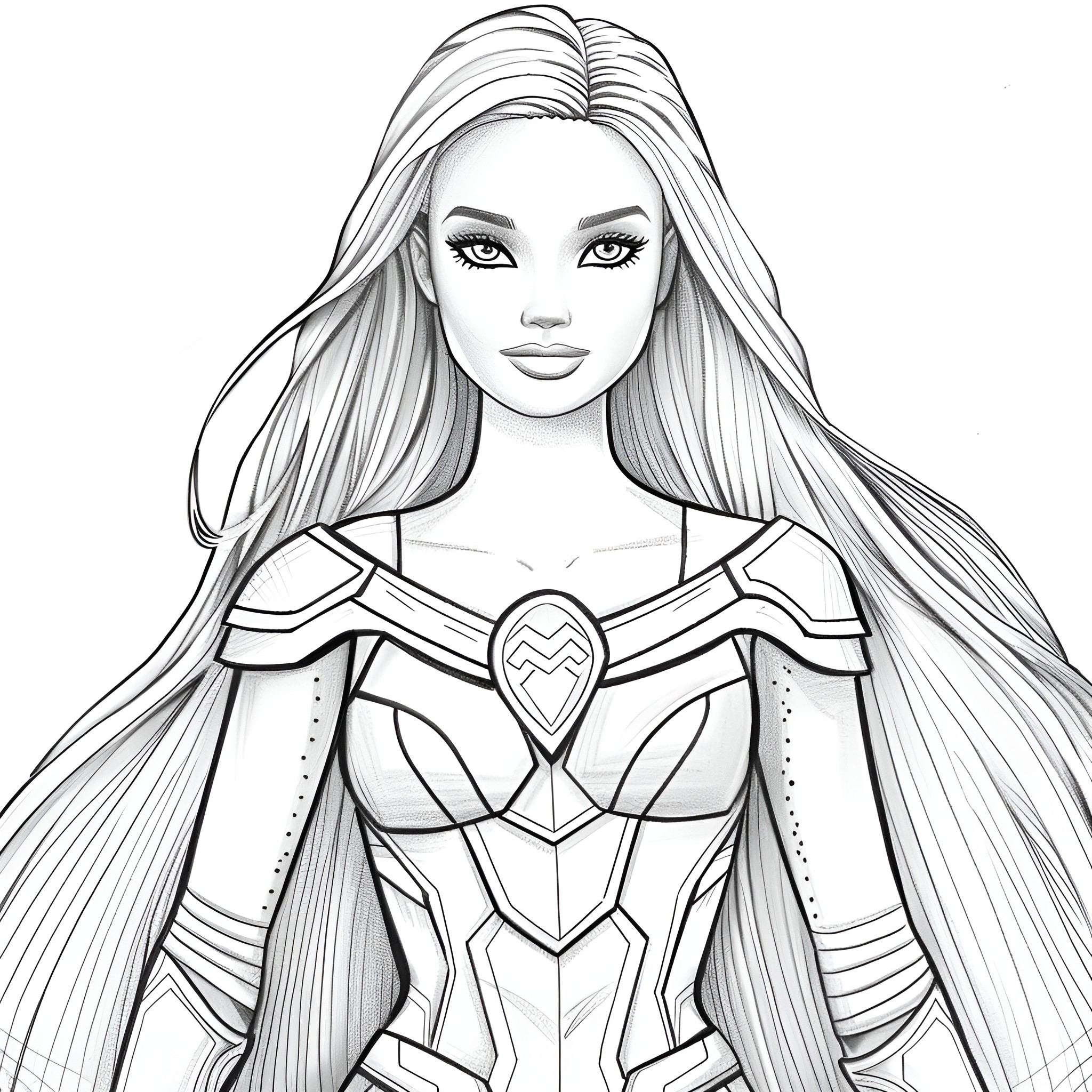 Barbie in heroic costume Coloring Page (free black-and-white line drawing printable PDF for all, from beginners to advanced learners, including children, teens, adults, and seniors)