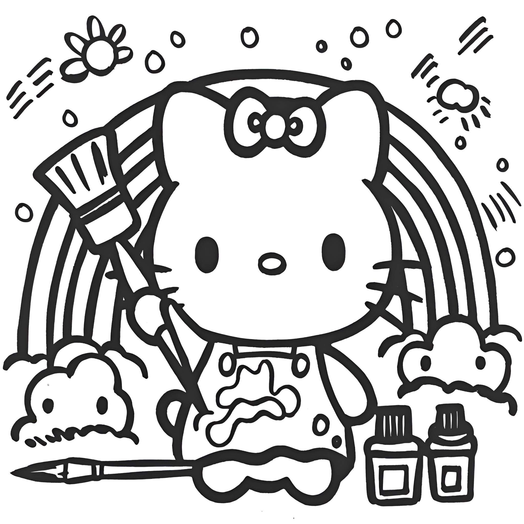Hello Kitty camping under the night sky Coloring Page (free black-and-white line drawing printable PDF for all, from beginners to advanced learners, including children, teens, adults, and seniors)