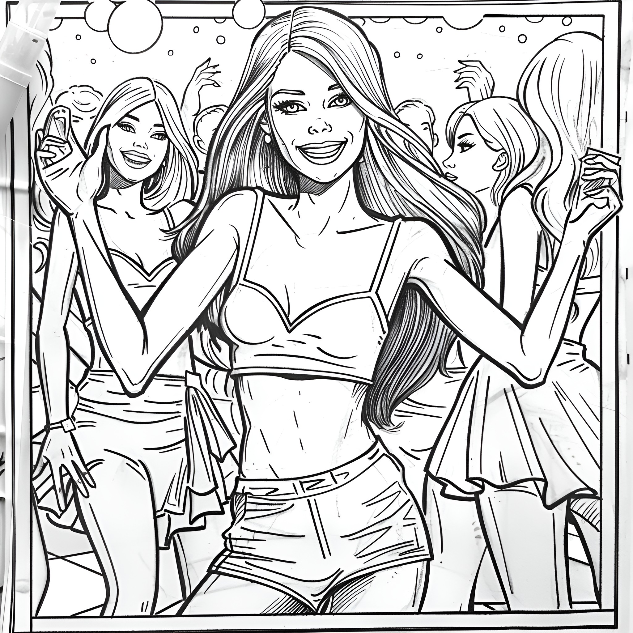 Barbie and friends dancing joyfully together Coloring Page (free black-and-white line drawing printable PDF for all, from beginners to advanced learners, including children, teens, adults, and seniors)