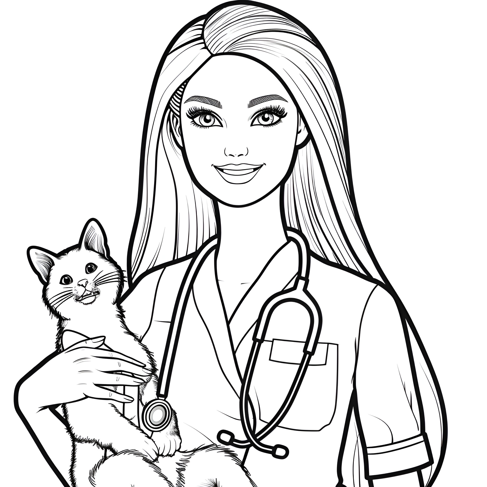 Barbie caring for adorable kitten Coloring Page (free black-and-white line drawing printable PDF for all, from beginners to advanced learners, including children, teens, adults, and seniors)