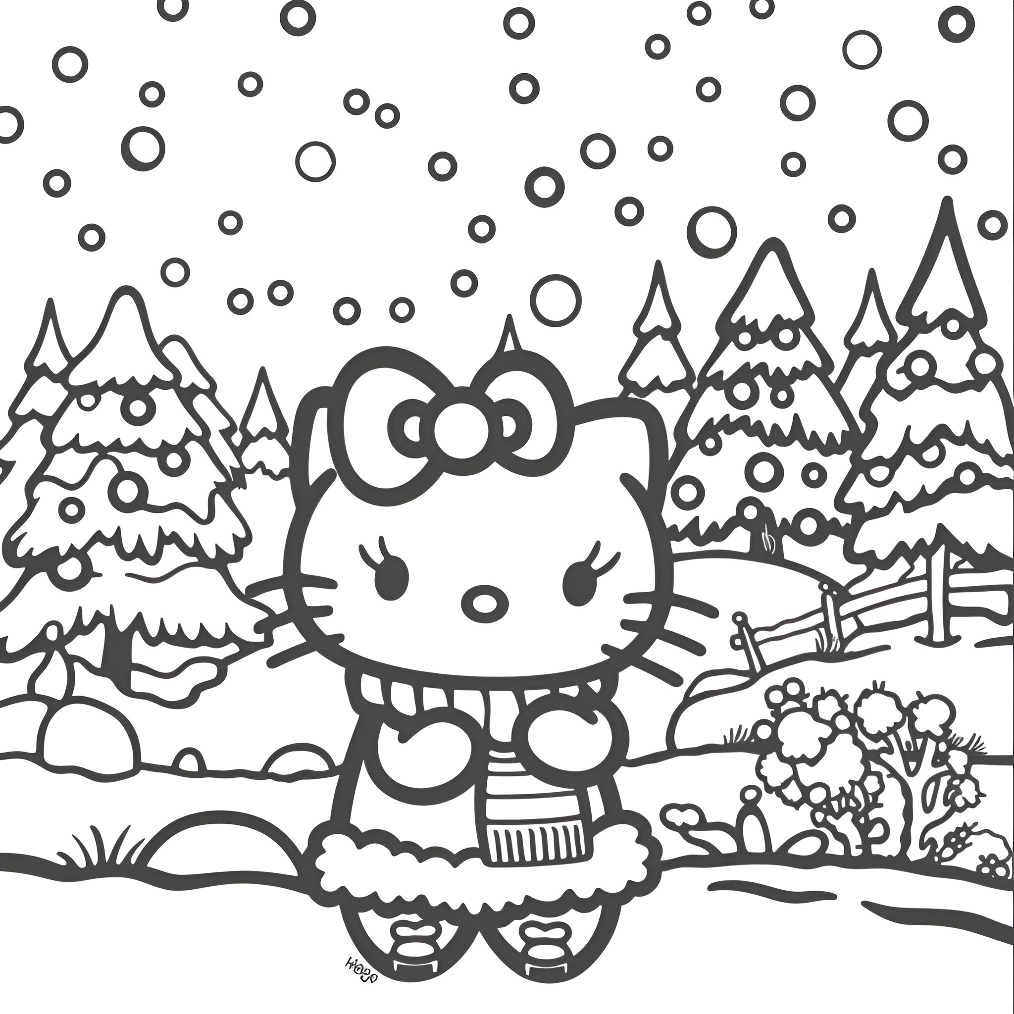 Hello Kitty enjoying the winter wonderland Coloring Page (free black-and-white line drawing printable PDF for all, from beginners to advanced learners, including children, teens, adults, and seniors)