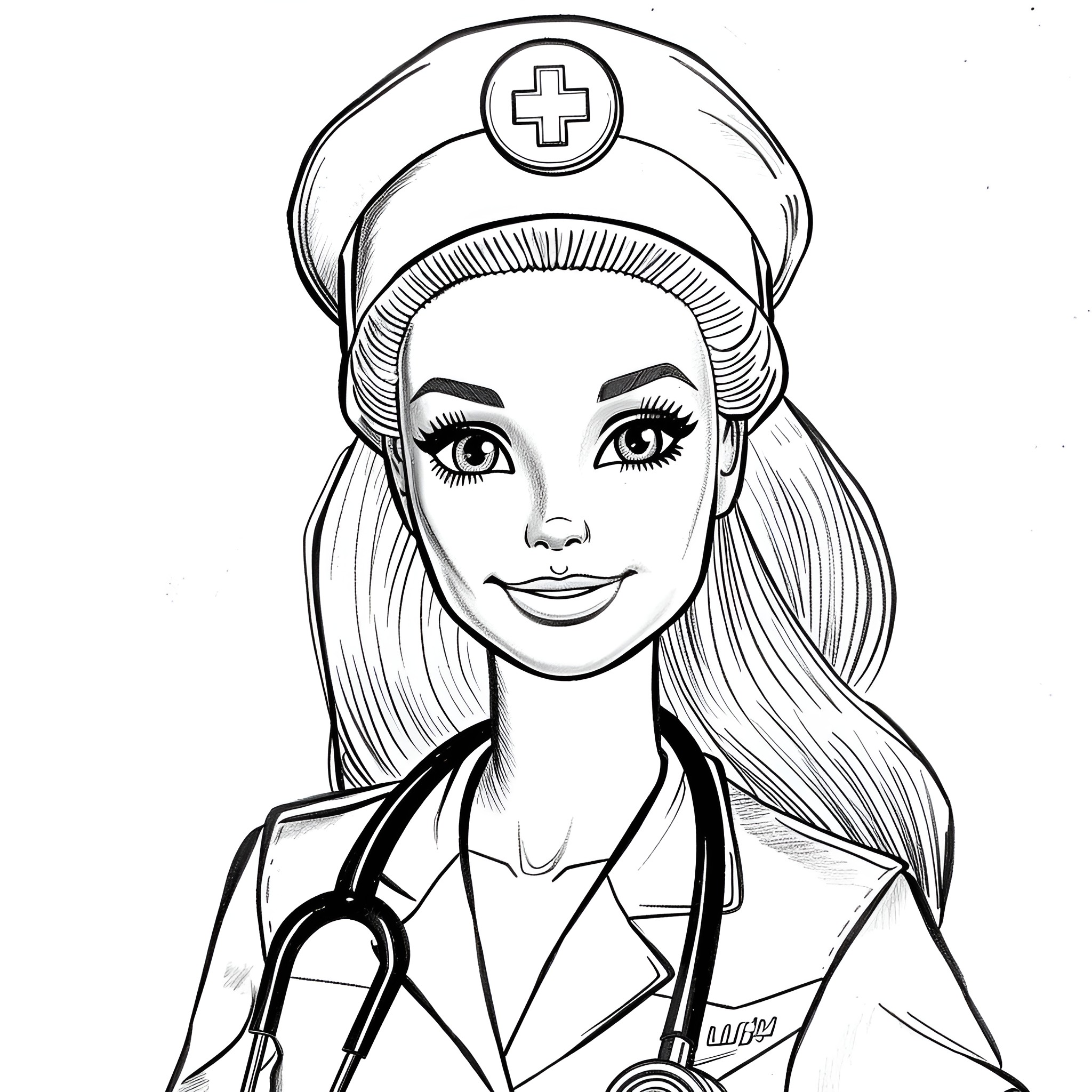 Barbie Nurse Serving with Care Coloring Page (free black-and-white line drawing printable PDF for all, from beginners to advanced learners, including children, teens, adults, and seniors)