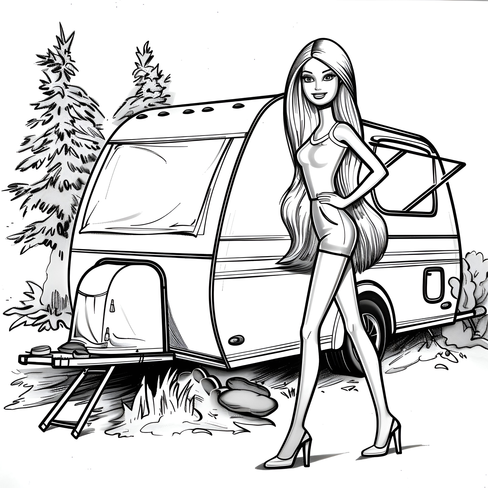 Barbie camping in the wilderness Coloring Page (free black-and-white line drawing printable PDF for all, from beginners to advanced learners, including children, teens, adults, and seniors)