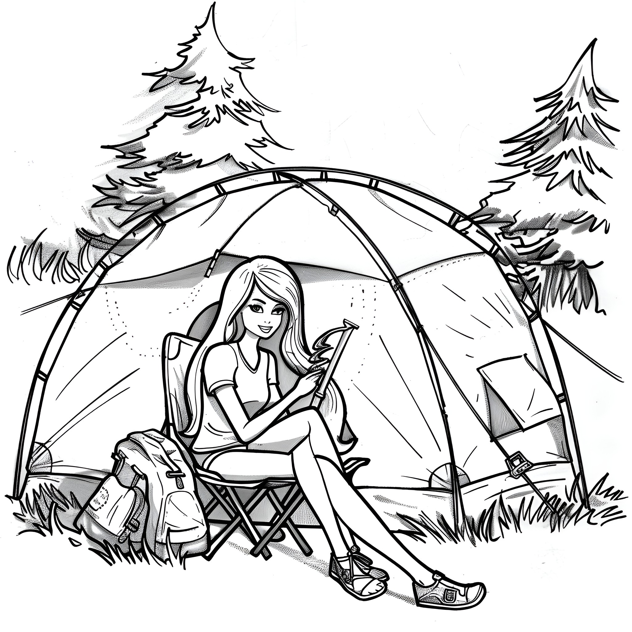 Barbie enjoying camping in the wilderness Coloring Page (free black-and-white line drawing printable PDF for all, from beginners to advanced learners, including children, teens, adults, and seniors)