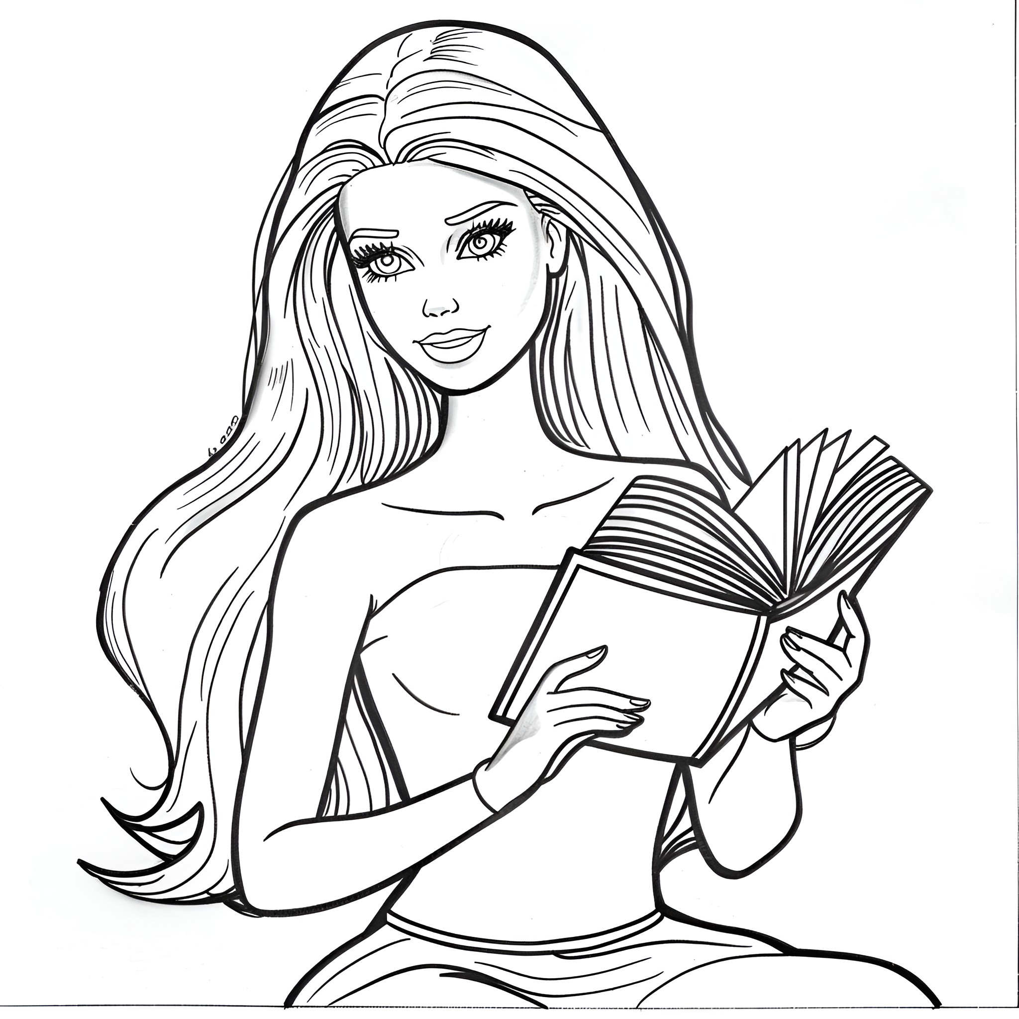 Barbie reading a book Coloring Page (free black-and-white line drawing printable PDF for all, from beginners to advanced learners, including children, teens, adults, and seniors)