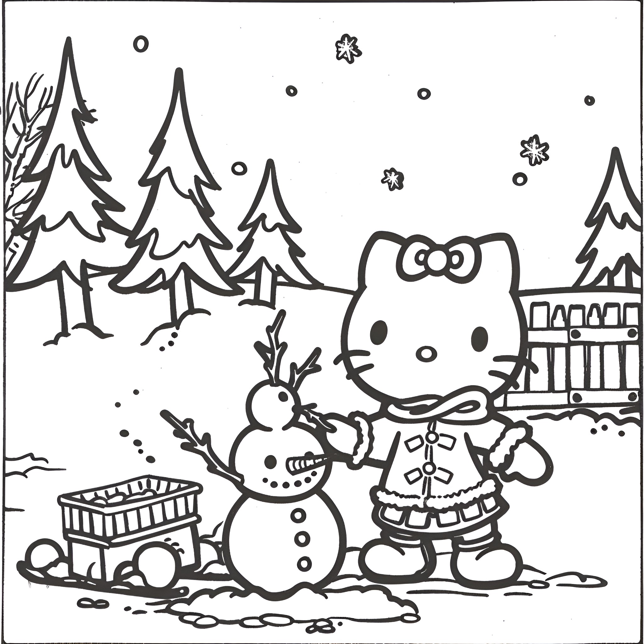 Hello Kitty building a snowman in winter Coloring Page (free black-and-white line drawing printable PDF for all, from beginners to advanced learners, including children, teens, adults, and seniors)