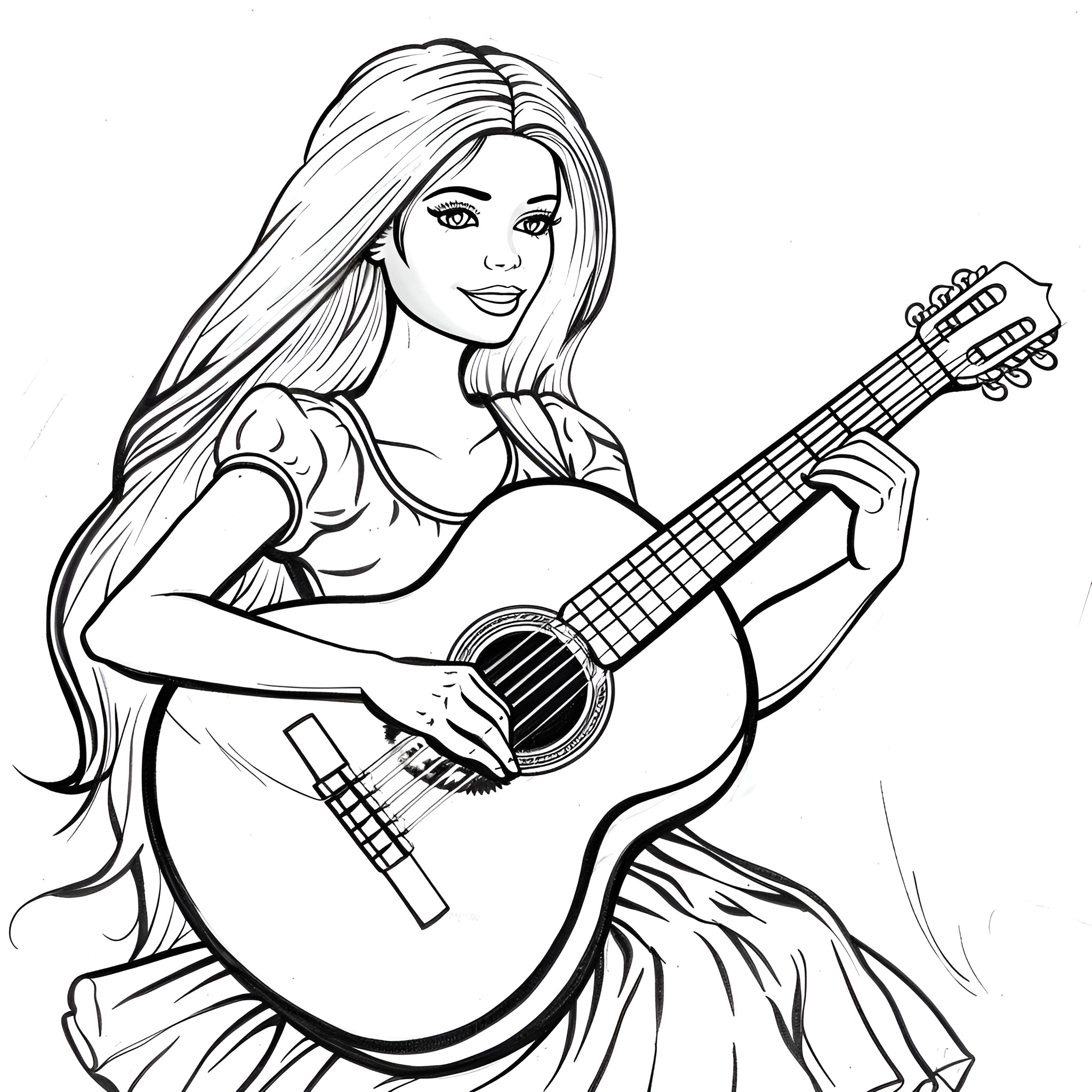 Barbie playing the guitar Coloring Page (free black-and-white line drawing printable PDF for all, from beginners to advanced learners, including children, teens, adults, and seniors)