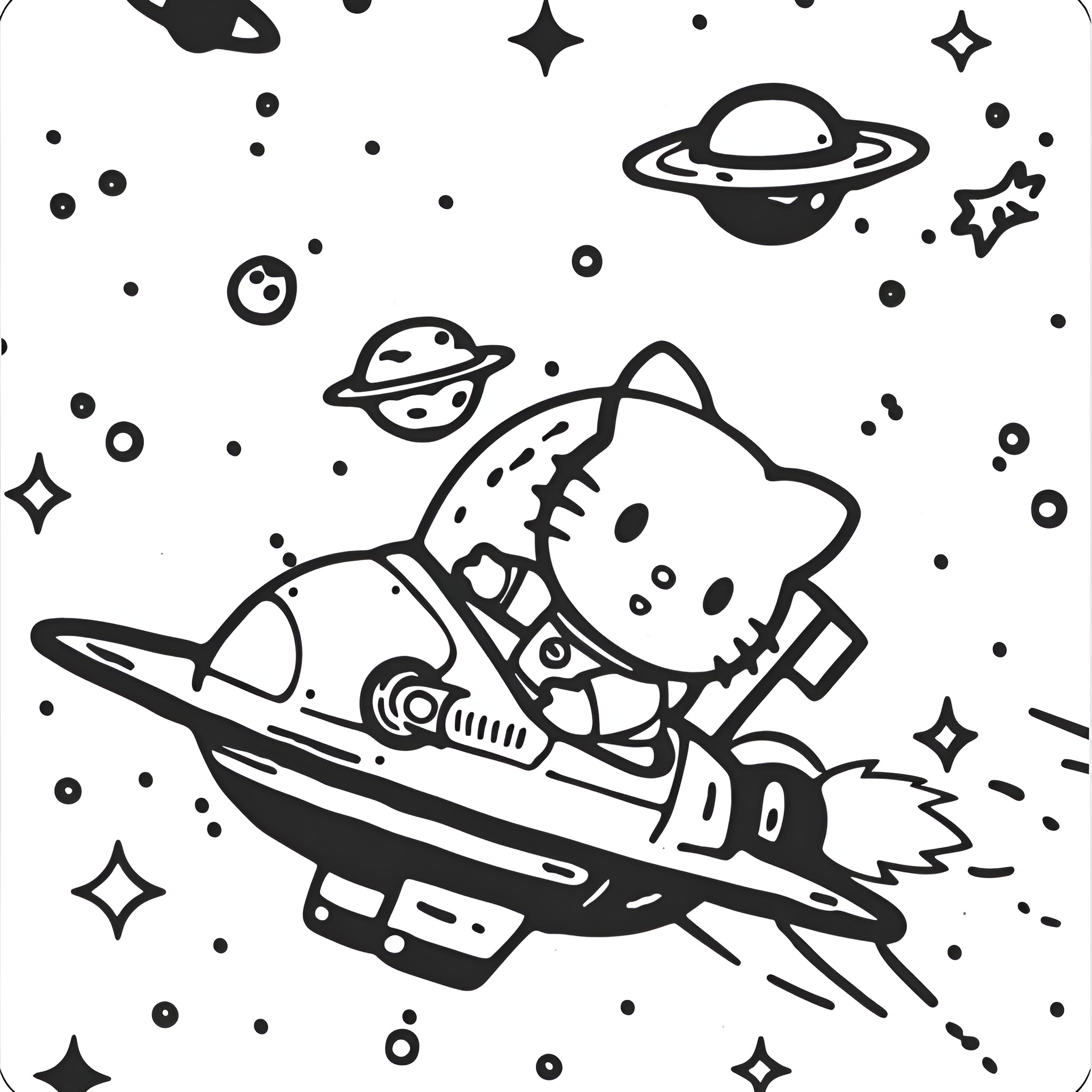Hello Kitty flying in a space rocket Coloring Page (free black-and-white line drawing printable PDF for all, from beginners to advanced learners, including children, teens, adults, and seniors)