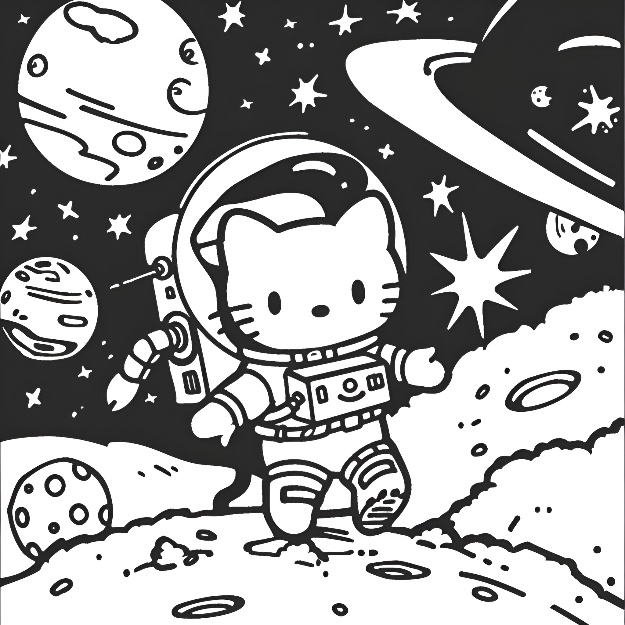 Hello Kitty exploring the cosmos Coloring Page (free black-and-white line drawing printable PDF for all, from beginners to advanced learners, including children, teens, adults, and seniors)