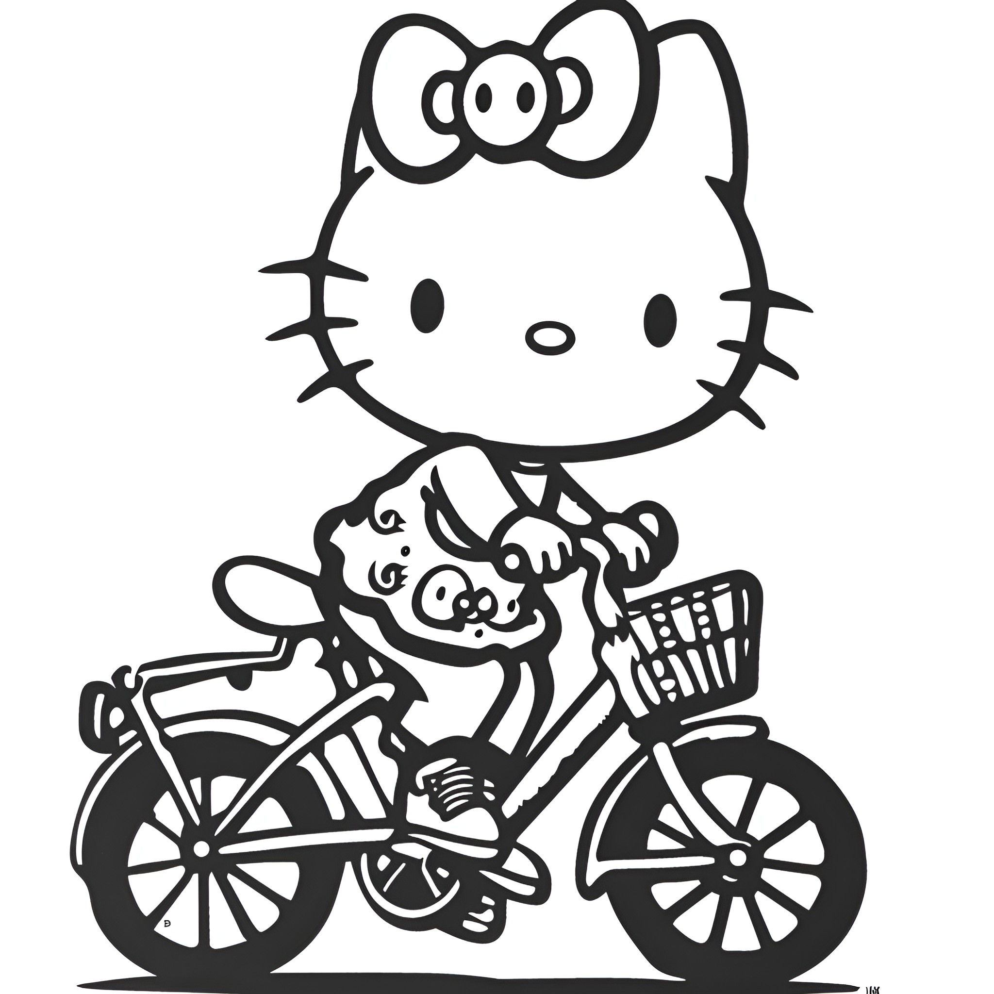 Hello Kitty riding a bicycle Coloring Page (free black-and-white line drawing printable PDF for all, from beginners to advanced learners, including children, teens, adults, and seniors)