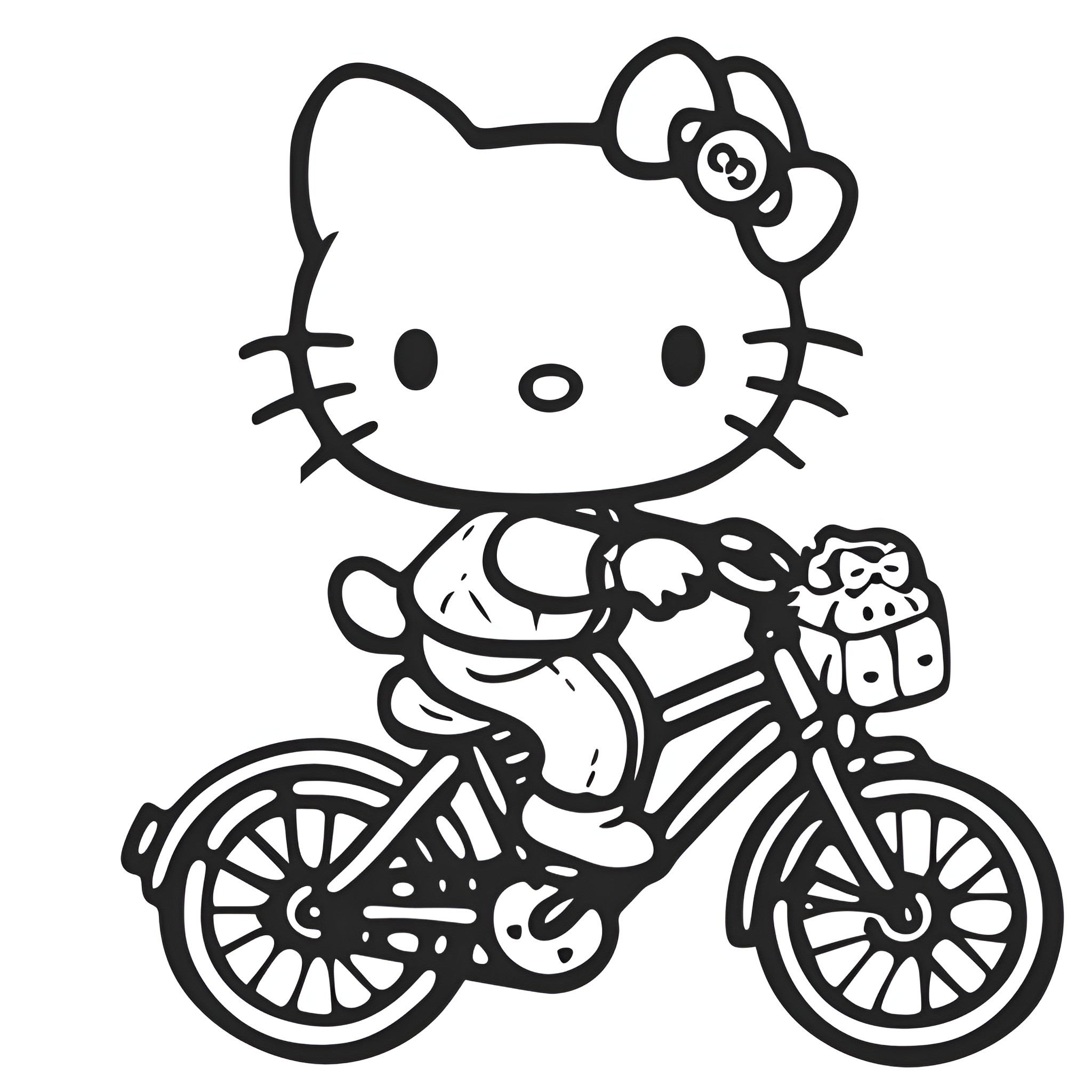 Hello Kitty riding a bicycle Coloring Page (free black-and-white line drawing printable PDF for all, from beginners to advanced learners, including children, teens, adults, and seniors)