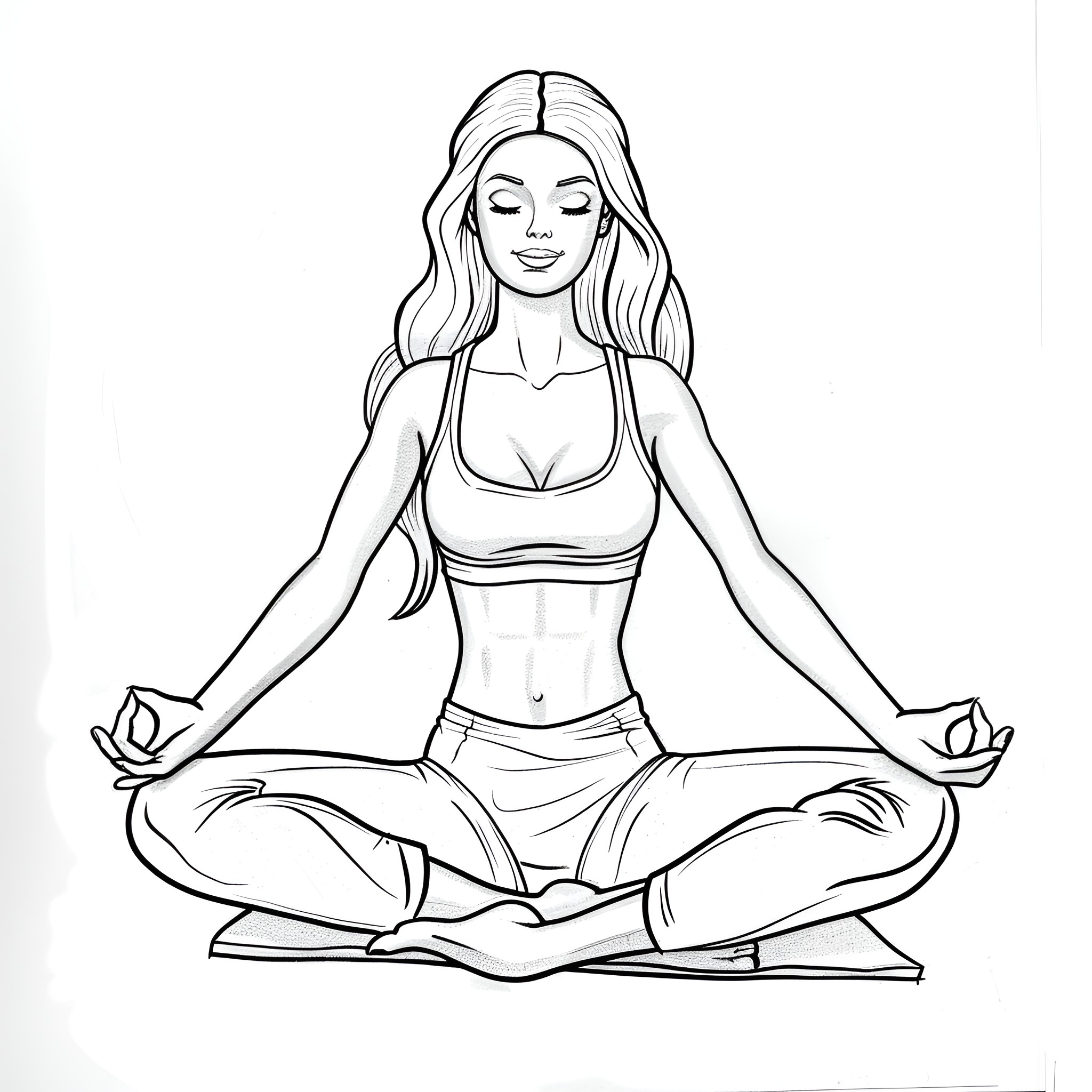 Barbie meditating in yoga pose Coloring Page (free black-and-white line drawing printable PDF for all, from beginners to advanced learners, including children, teens, adults, and seniors)
