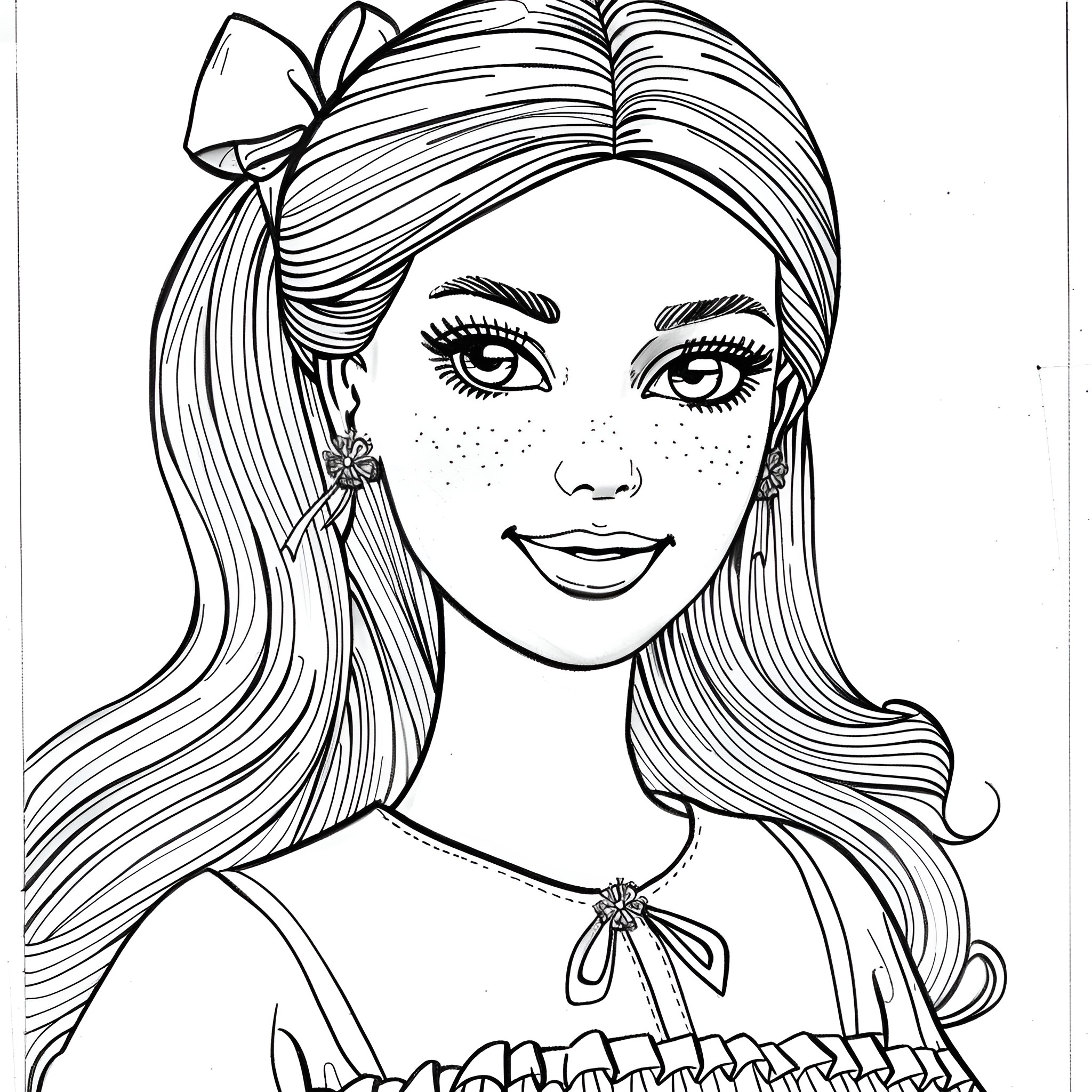 Barbie smiling joyfully with cute bow accessory Coloring Page (free black-and-white line drawing printable PDF for all, from beginners to advanced learners, including children, teens, adults, and seniors)